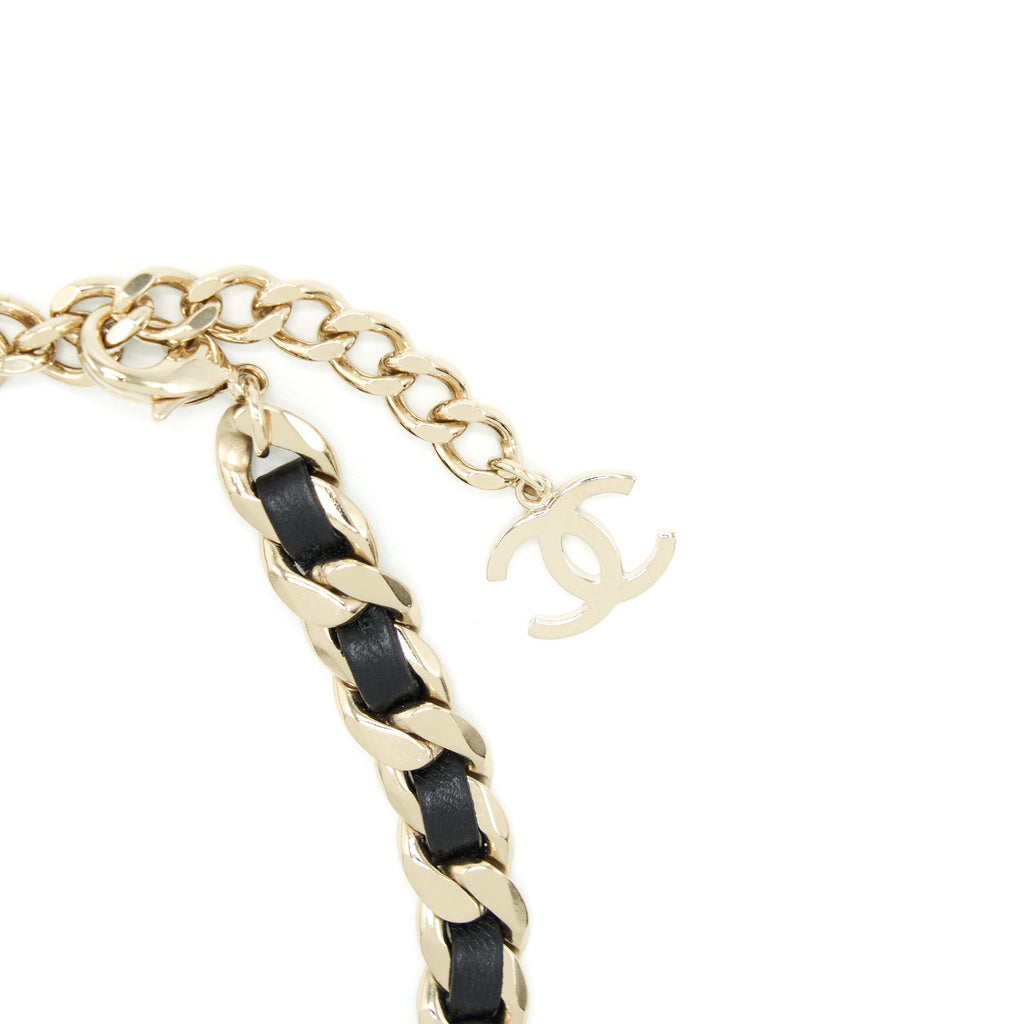 CHANEL SQUARE CC LEATHER CHAIN CHOKER BLACK AND LIGHT GOLD TONE