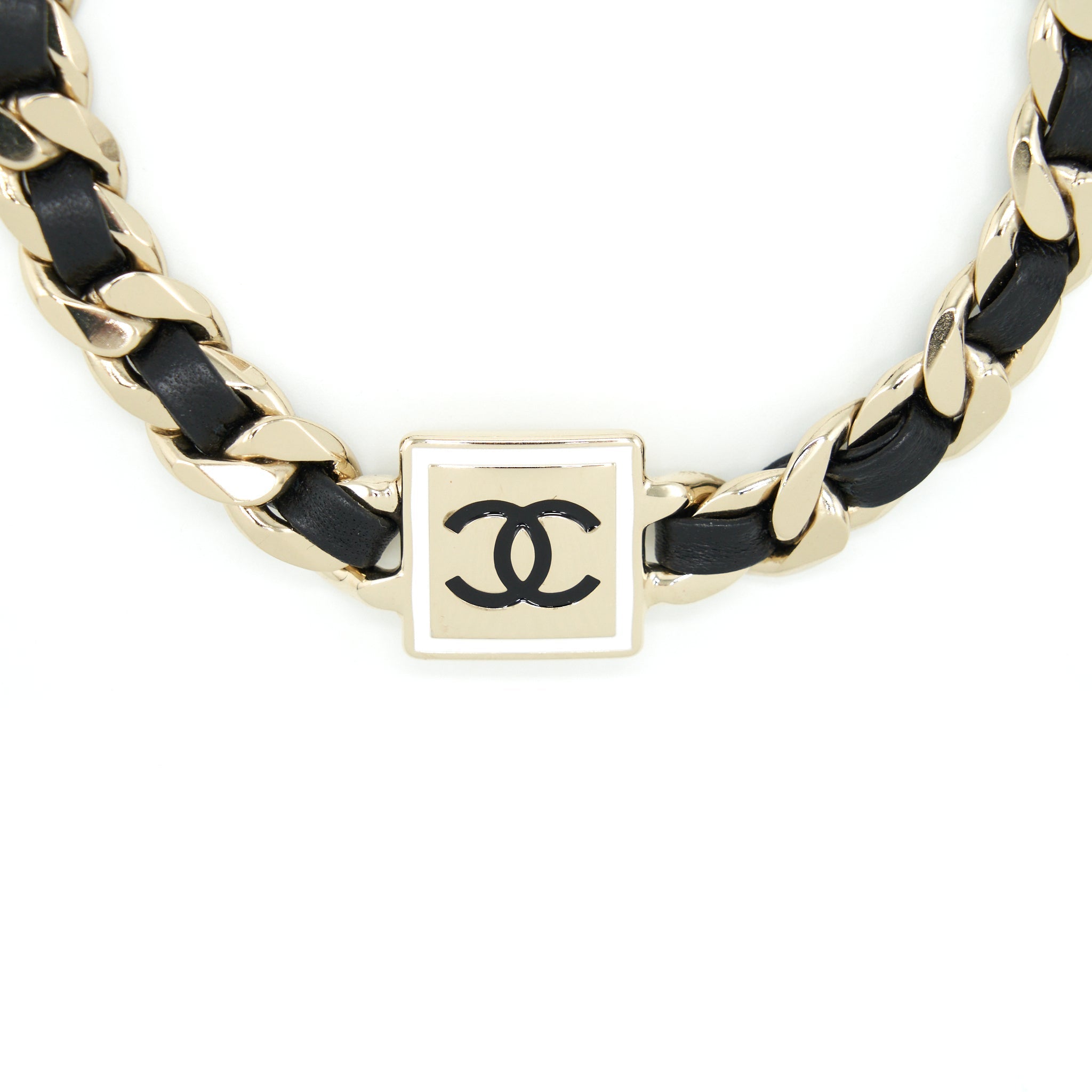 CHANEL SQUARE CC LEATHER CHAIN CHOKER BLACK AND LIGHT GOLD TONE