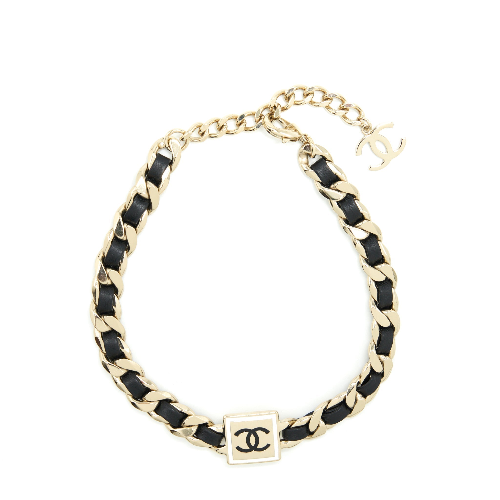 CHANEL SQUARE CC LEATHER CHAIN CHOKER BLACK AND LIGHT GOLD TONE