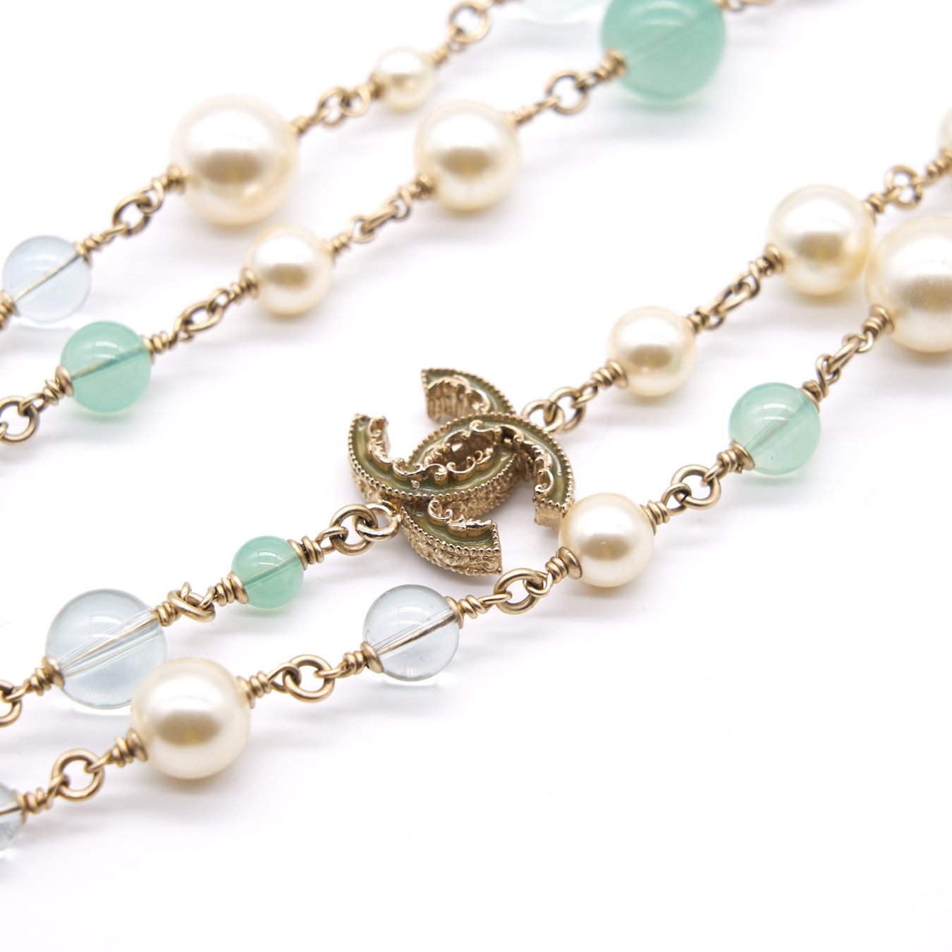 CHANEL CC PEARL GOLD TONE LONG NECKLACE