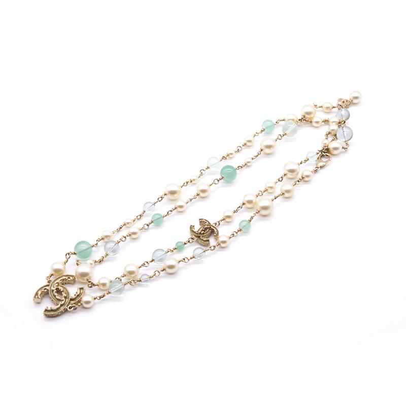 CHANEL CC PEARL GOLD TONE LONG NECKLACE