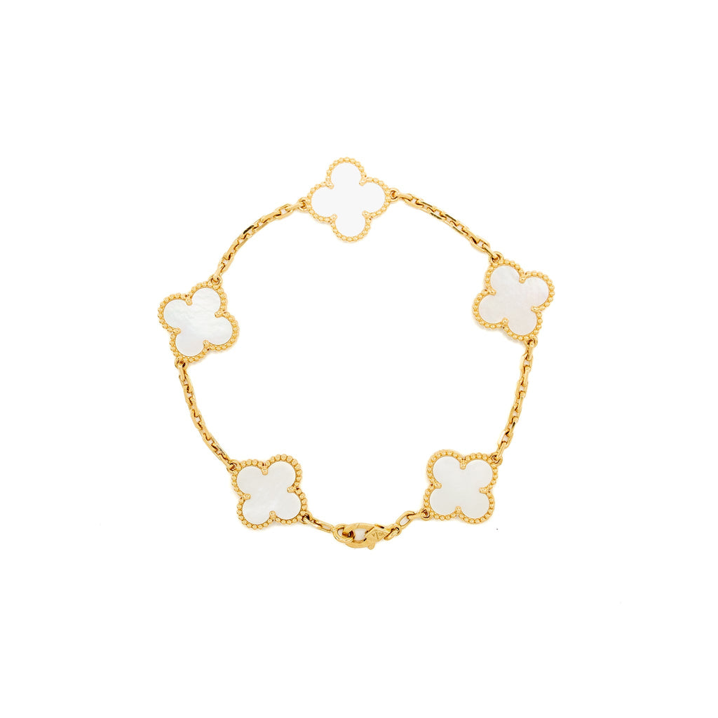VAN CLEEF & ARPELS VINTAGE ALHAMBRA BRACELET 5 MOTIFS WHITE MOTHER OF PEARL, YELLOW GOLD