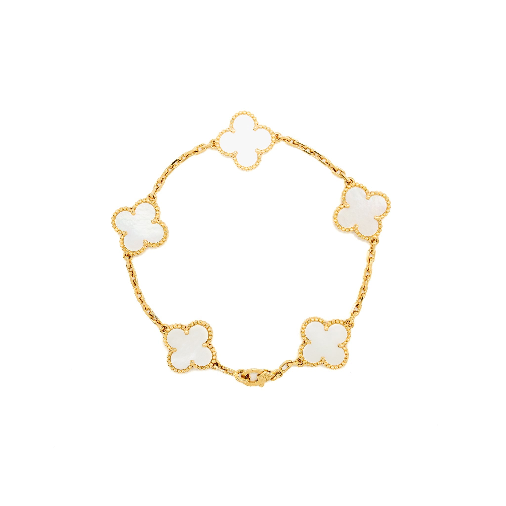 VAN CLEEF & ARPELS VINTAGE ALHAMBRA BRACELET 5 MOTIFS WHITE MOTHER OF PEARL, YELLOW GOLD
