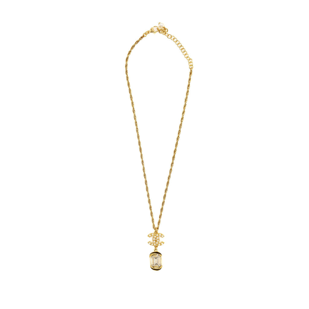 CHANEL PEARL CC PENDANT WITH CRYSTAL DROP NECKLACE GOLD TONE