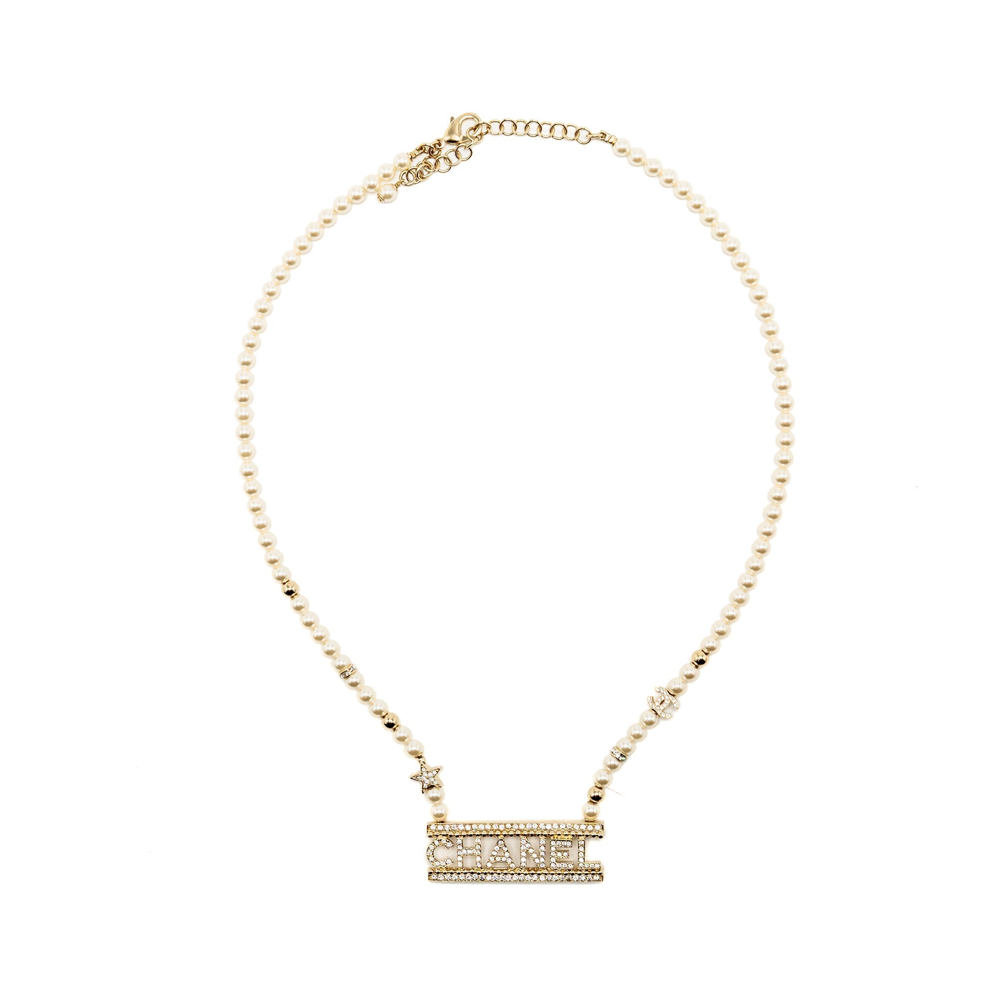 CHANEL LETTER LOGO NECKLACE CRYSTAL/PEARL LIGHT GOLD TONE