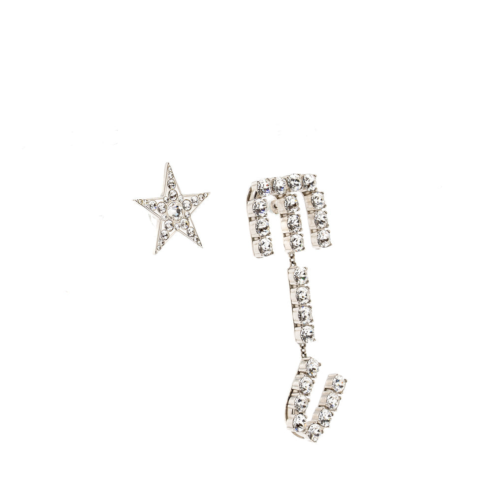 MIU MIU CRYSTAL-EMBELLISHED ASYMMETRIC WITH STAR EARRINGS SILVER TONE