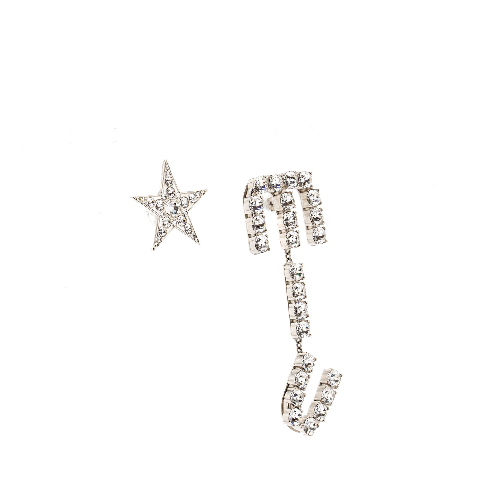 MIU MIU CRYSTAL-EMBELLISHED ASYMMETRIC WITH STAR EARRINGS SILVER TONE