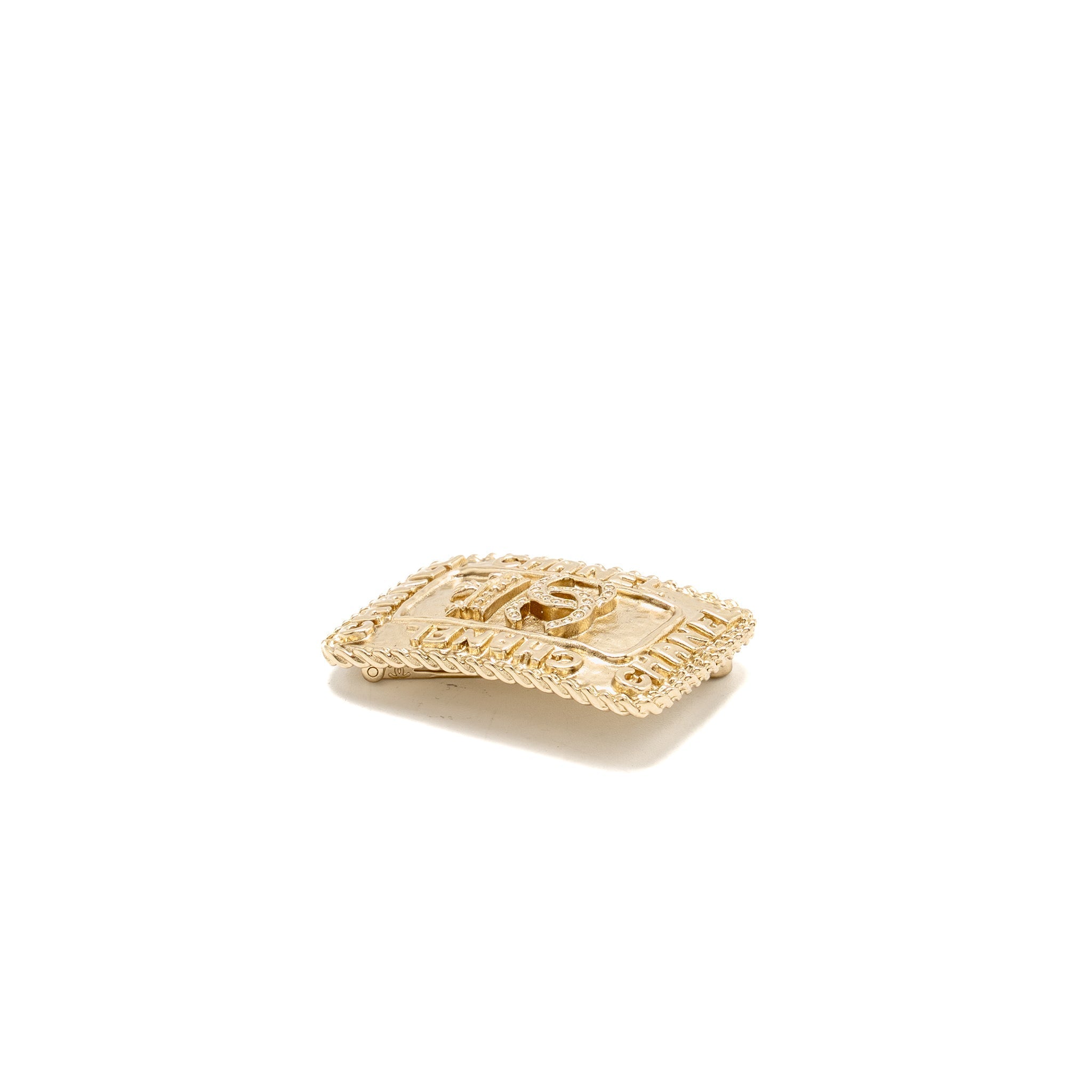 CHANEL CC LOGO AND CROWN METAL PLATE BROOCH BRUSHED GOLD HARDWARE