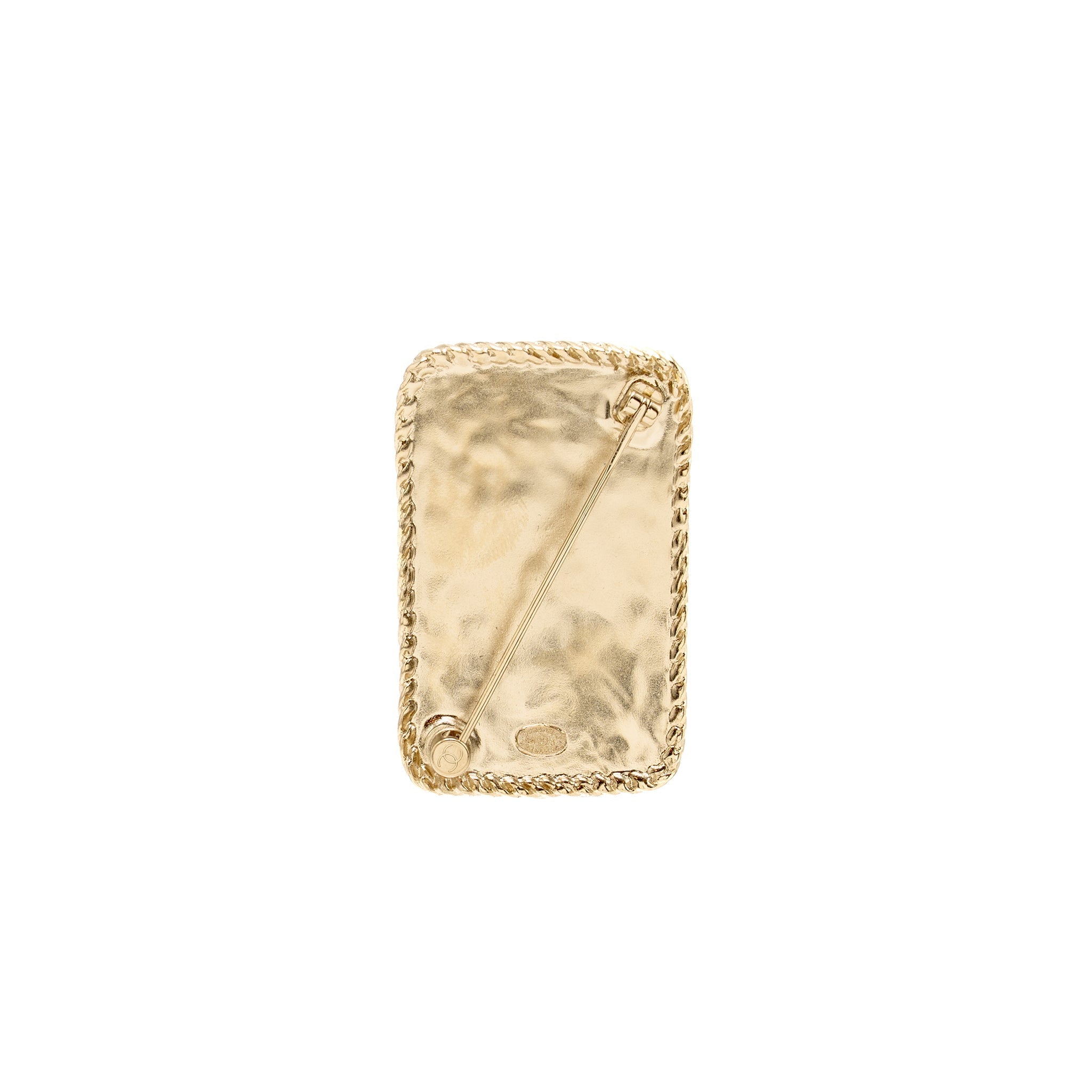 CHANEL CC LOGO AND CROWN METAL PLATE BROOCH BRUSHED GOLD HARDWARE