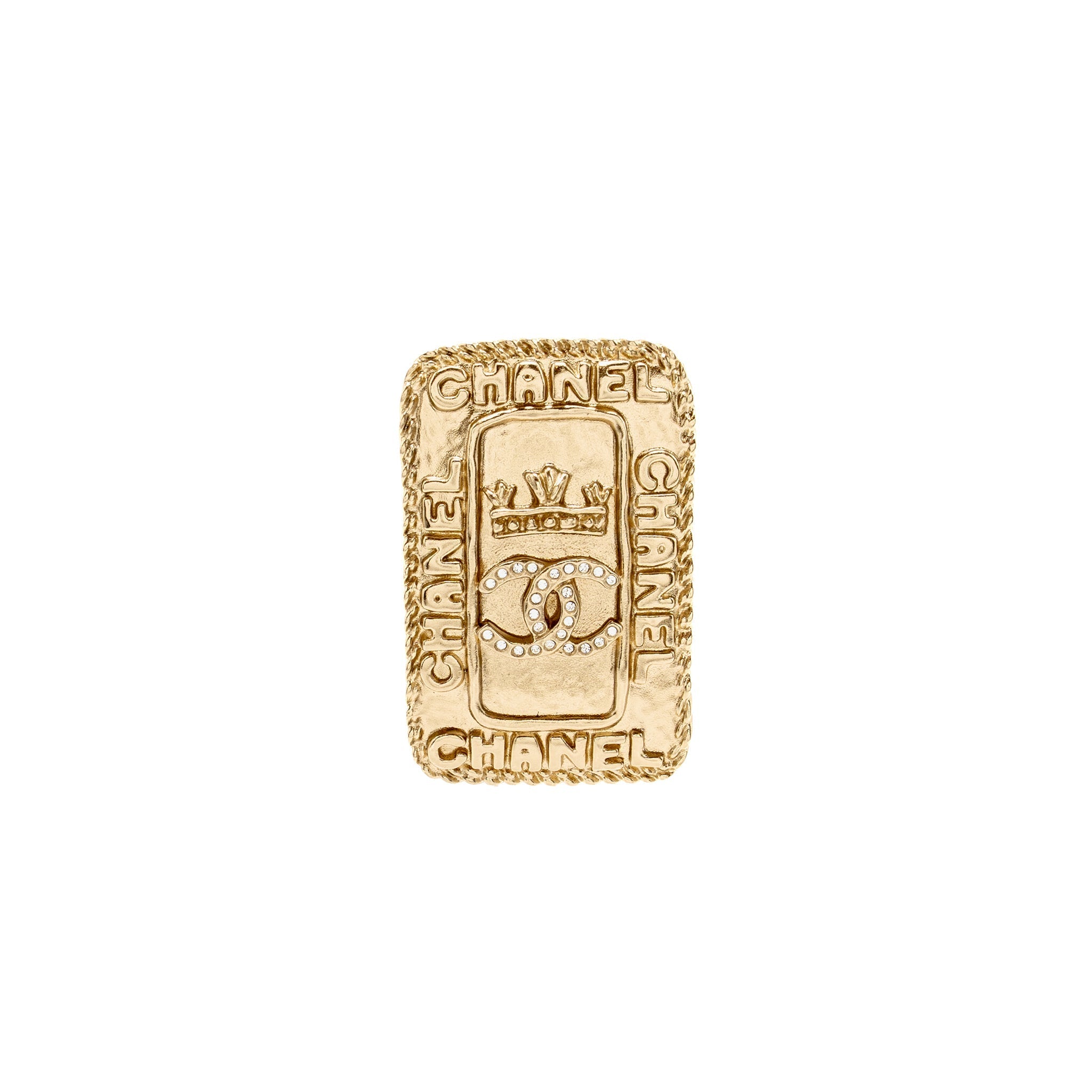 CHANEL CC LOGO AND CROWN METAL PLATE BROOCH BRUSHED GOLD HARDWARE
