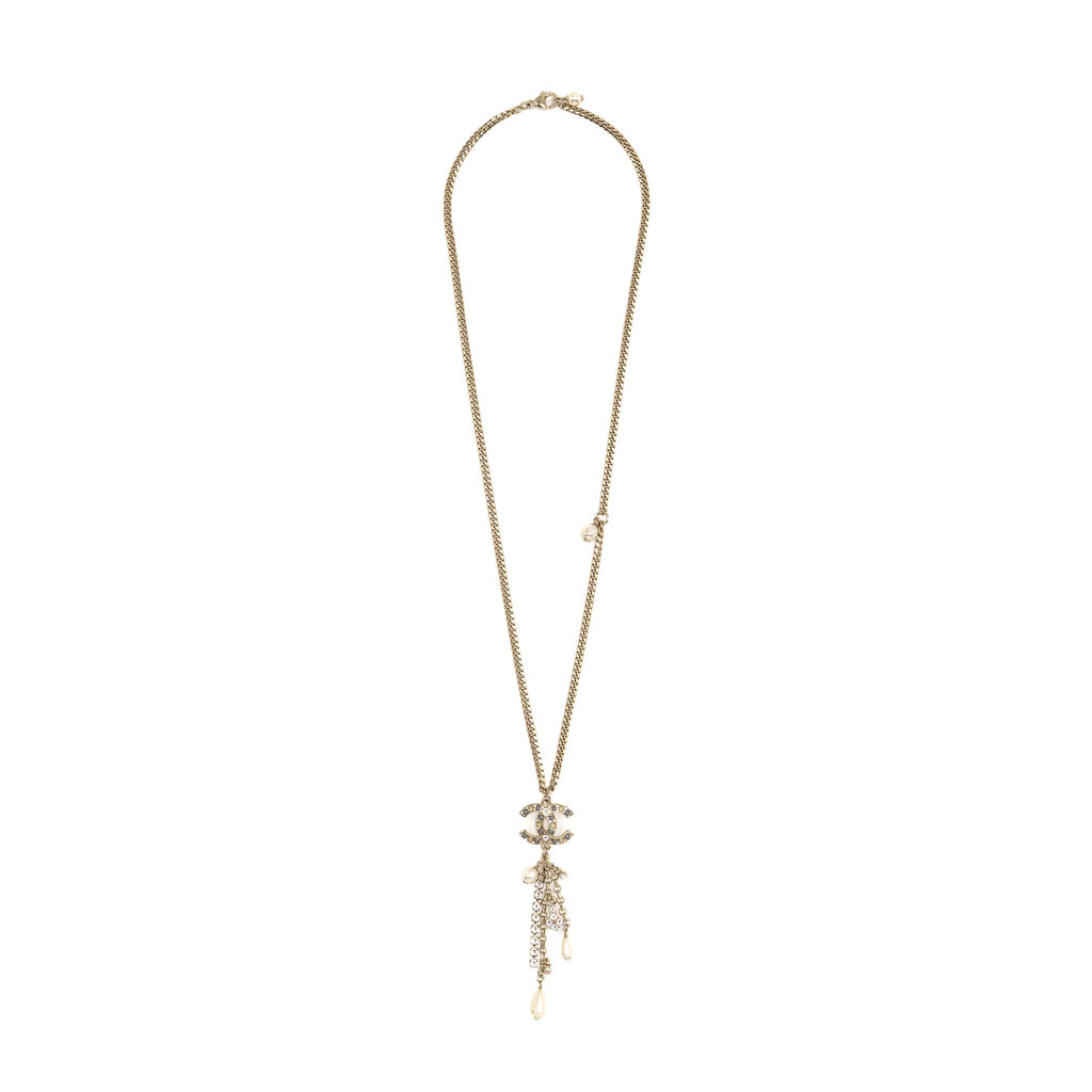 CHANEL PEARL AND CRYSTAL DROP CC NECKLACE MULTICOLOUR STONES LIGHT GOLD TONE