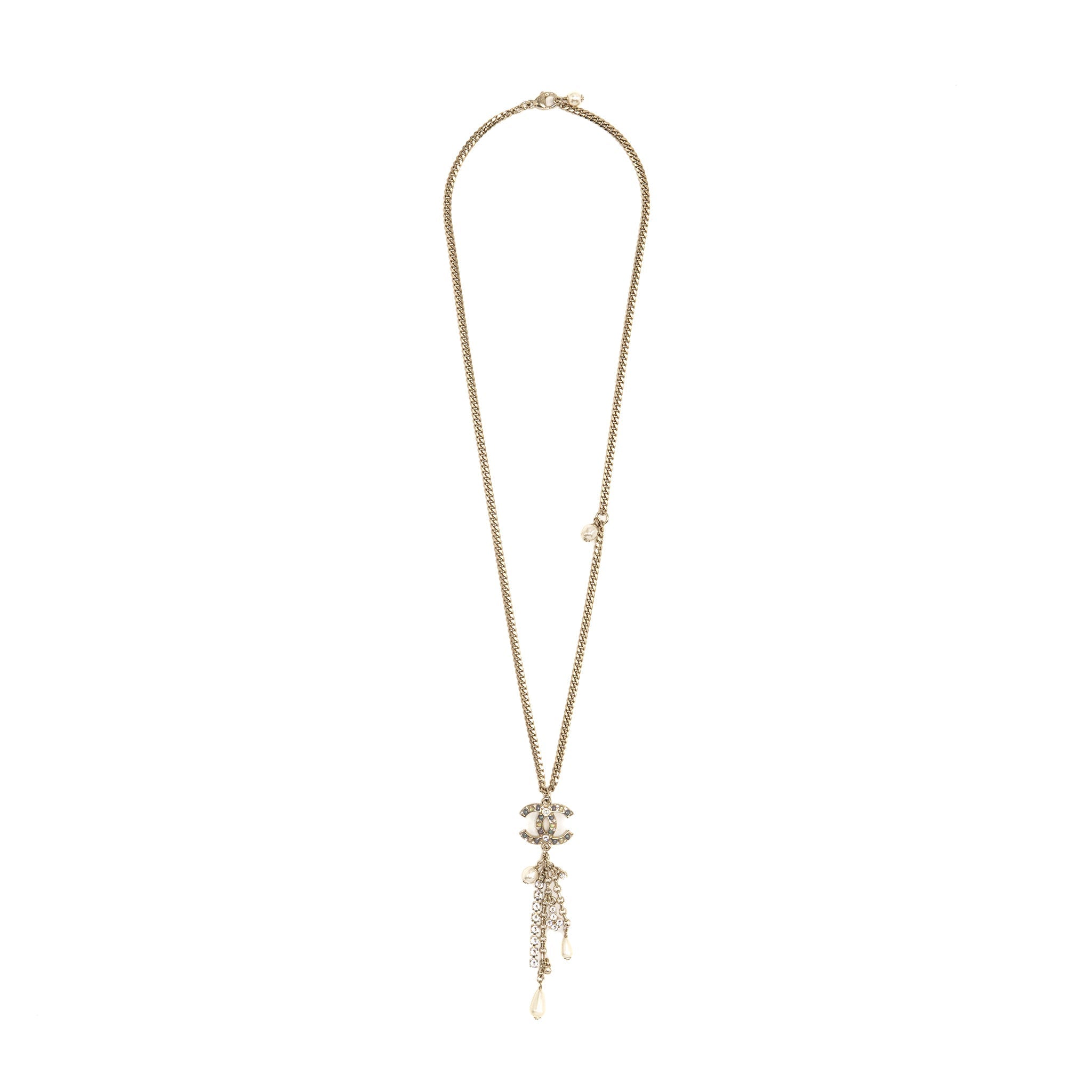 CHANEL PEARL AND CRYSTAL DROP CC NECKLACE MULTICOLOUR STONES LIGHT GOLD TONE