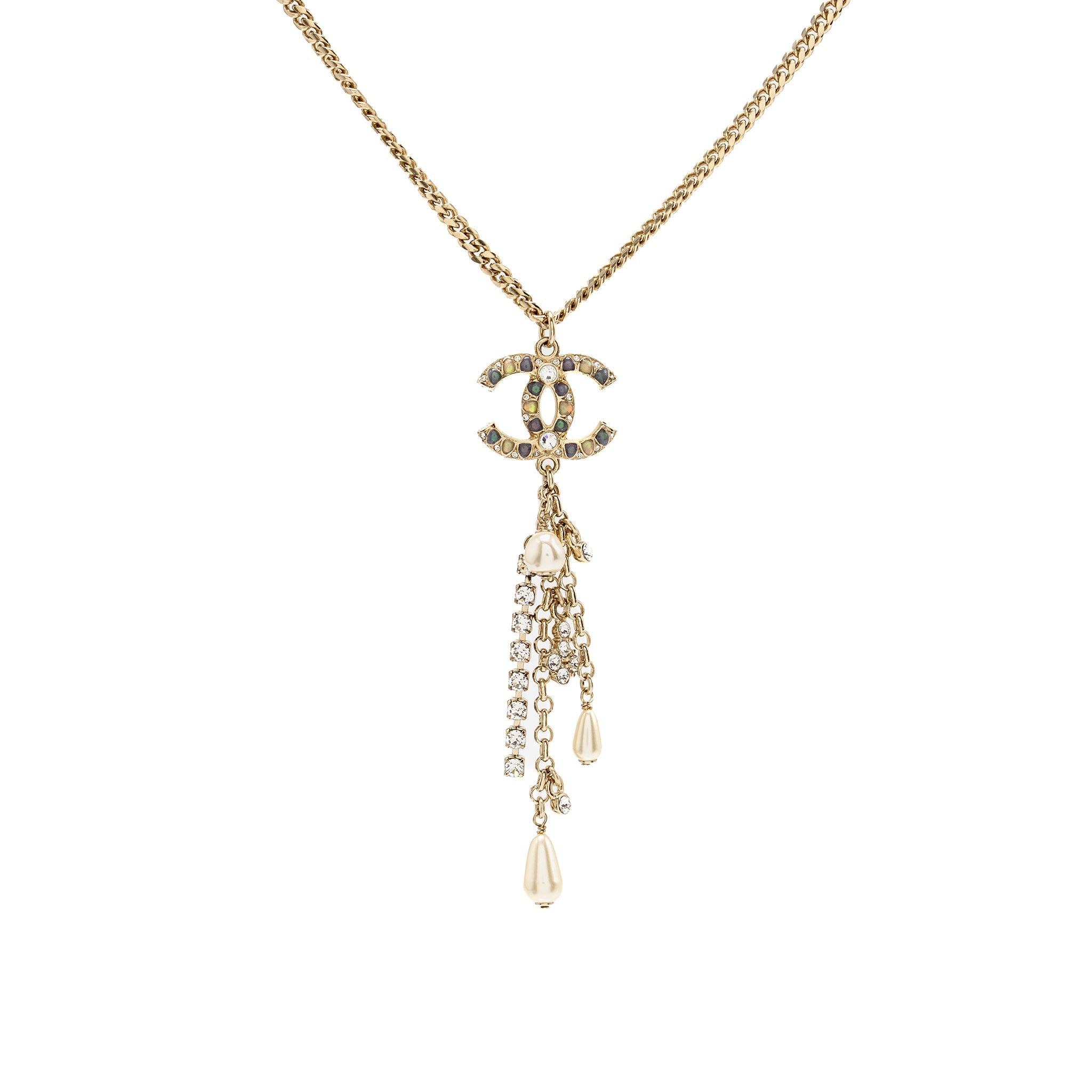 CHANEL PEARL AND CRYSTAL DROP CC NECKLACE MULTICOLOUR STONES LIGHT GOLD TONE