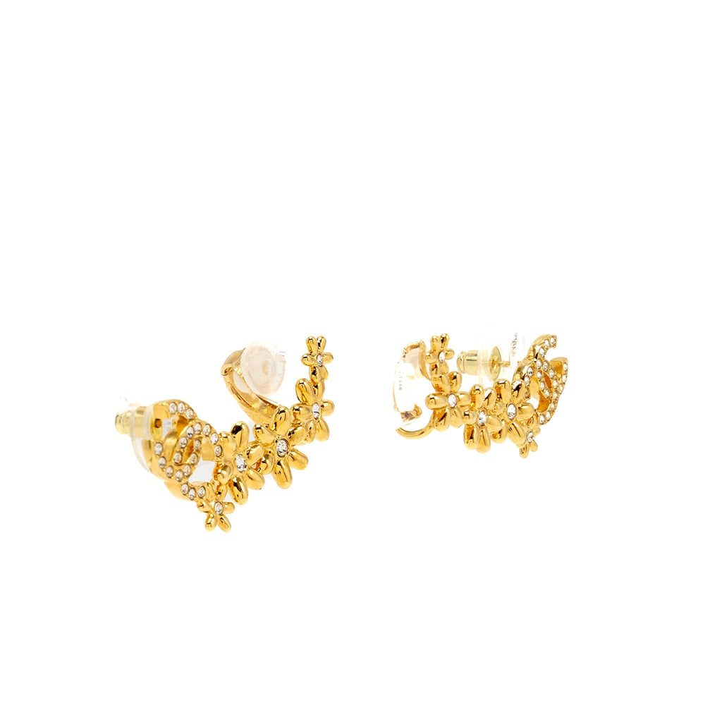 CHANEL CRYSTAL CC LOGO/CAMELLIA EARRINGS GOLD TONE