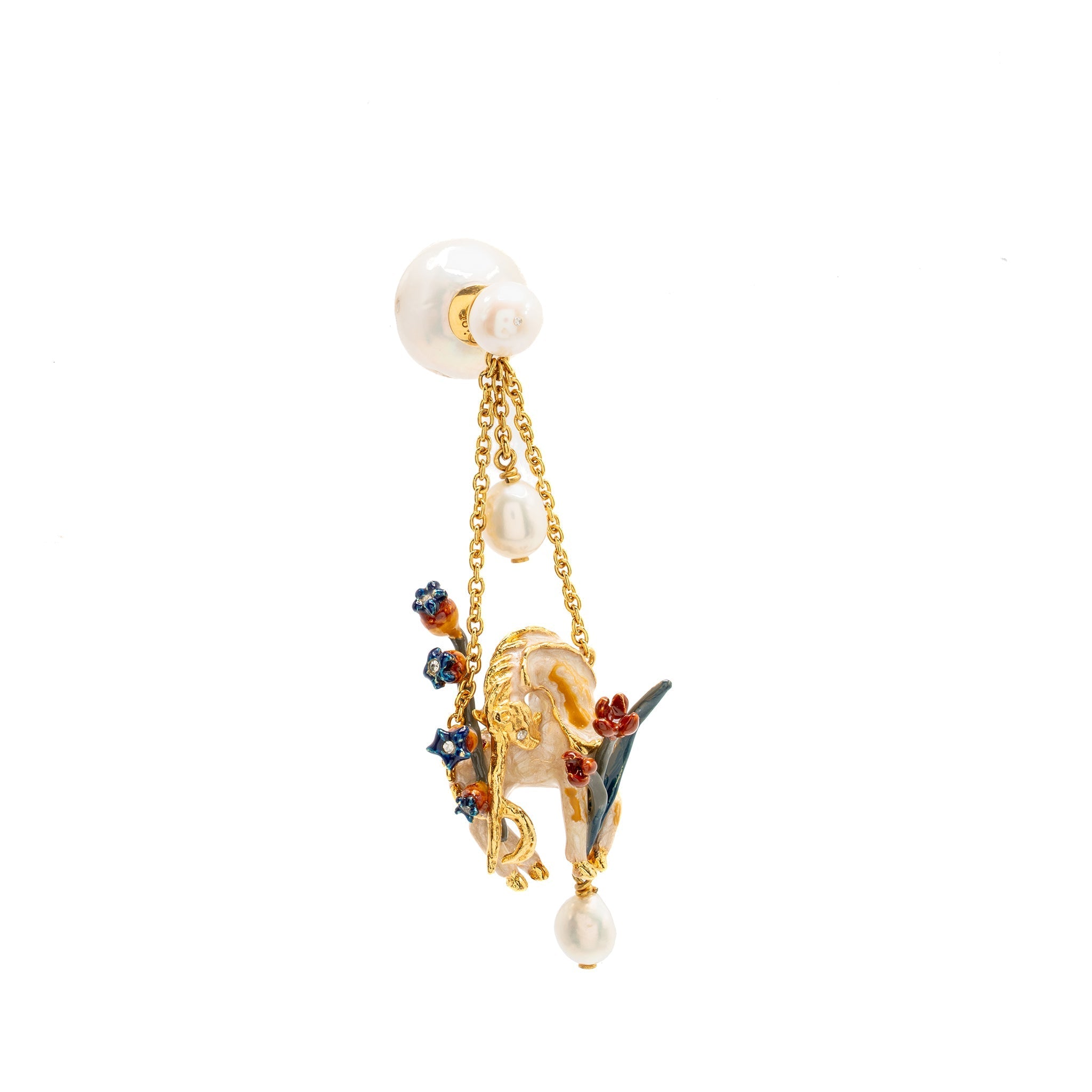 DIOR UNICORN AND FLOWERS DROP PEARL SINGLE EARRING GOLD TONE