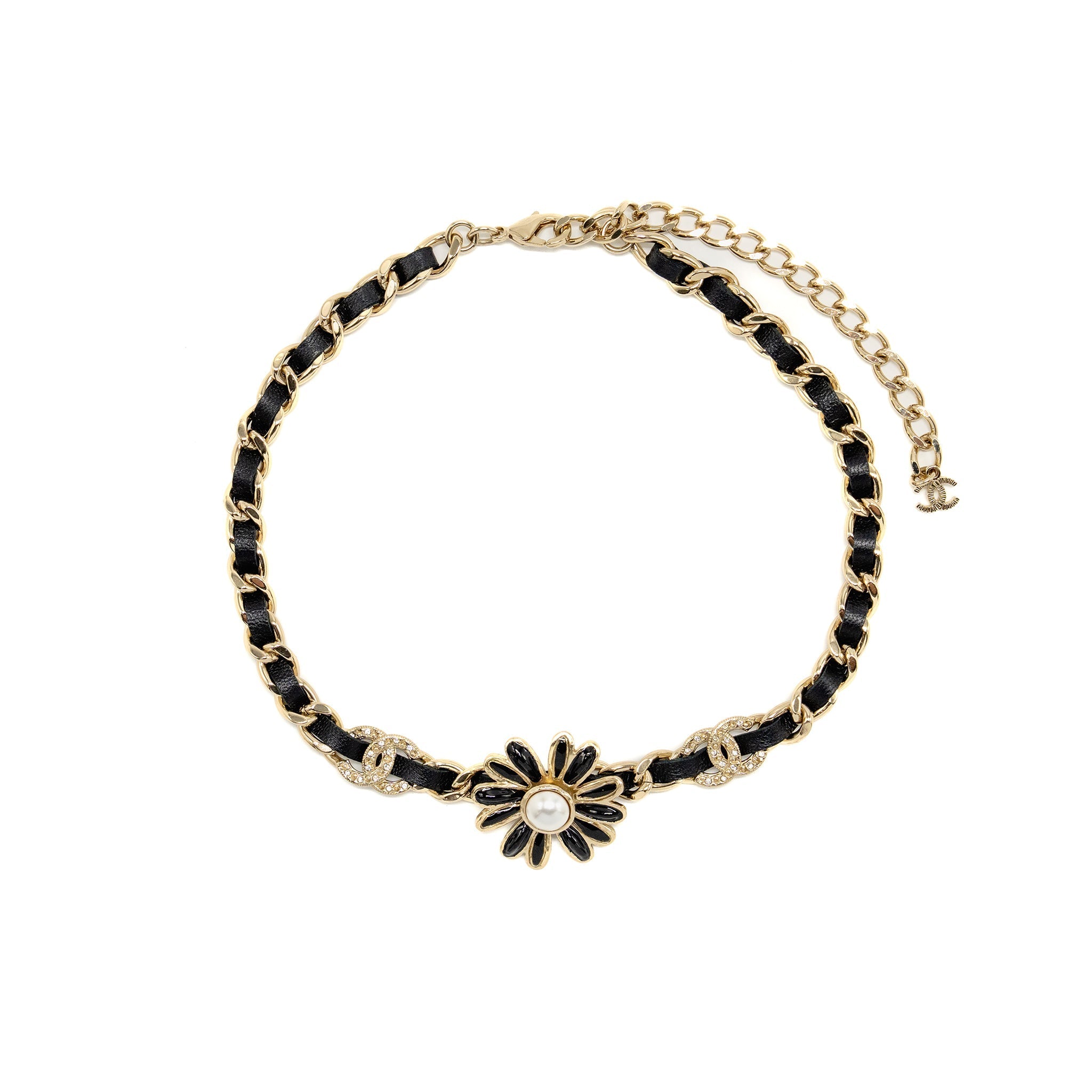 CHANEL FLOWER CHOKER/NECKLACE PEARL/CRYSTAL/LEATHER GOLD TONE