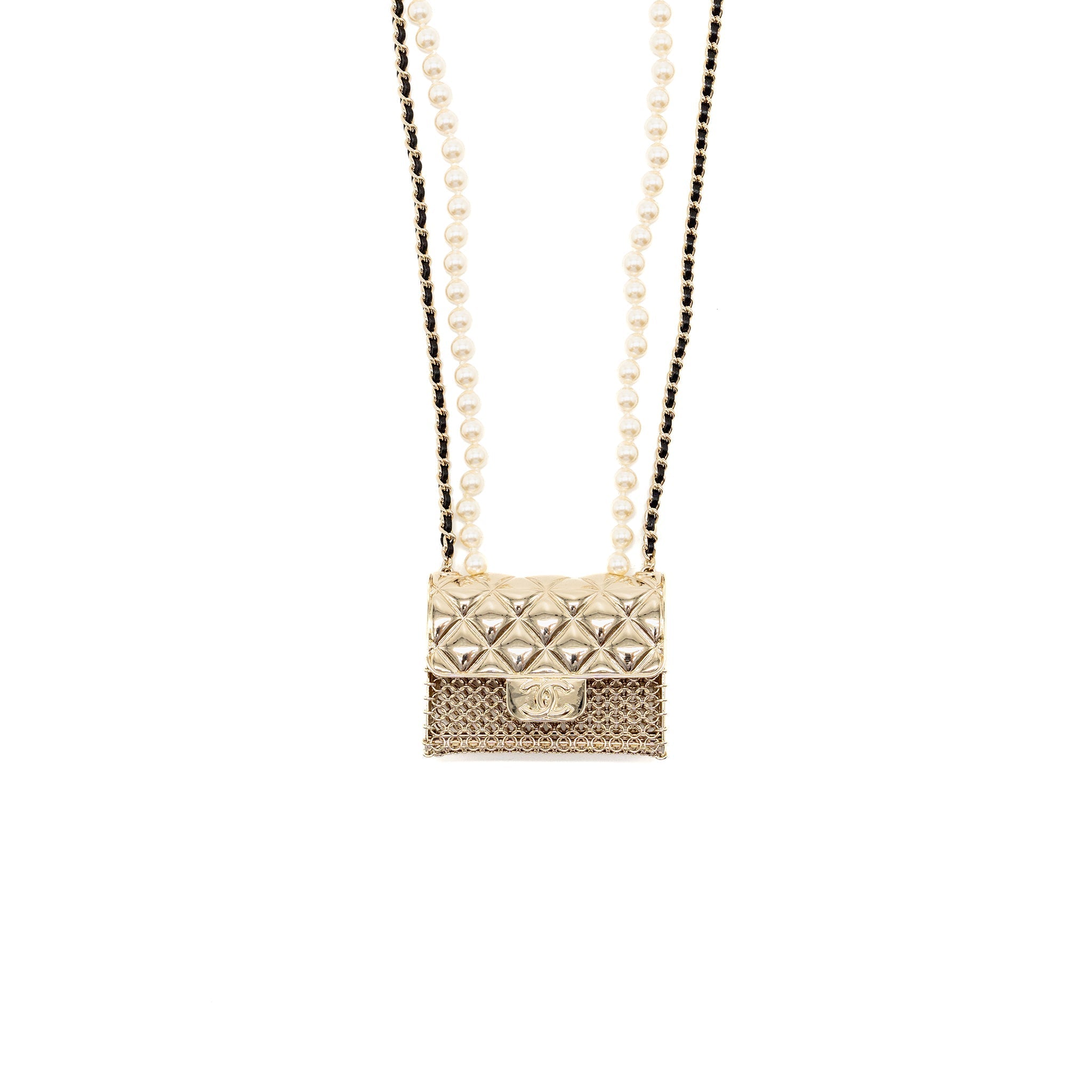 CHANEL 21S RUNWAY MICRO BAG/ PEARL NECKLACE LIGHT GOLD TONE