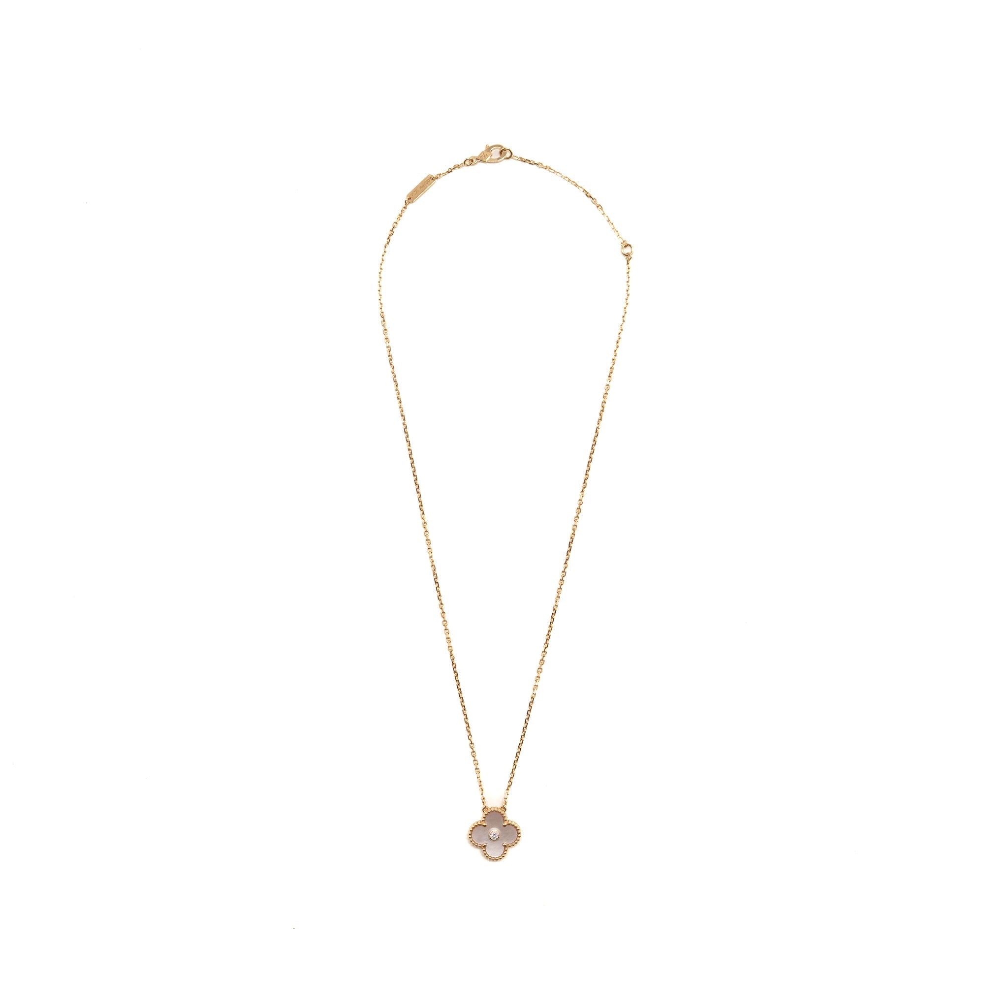 VAN CLEEF & ARPELS 2025 HOLIDAY VINTAGE ALHAMBRA PENDANT, ROSE GOLD, PINK MOTHER OF PEARL, DIAMOND