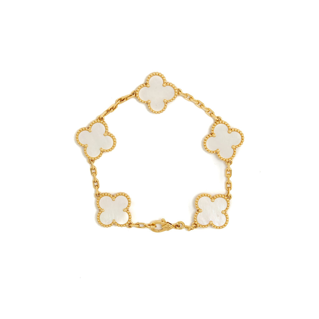 VAN CLEEF & ARPELS ALHAMBRA BRACELET 5 MOTIFS WHITE MOTHER OF PEARL YELLOW GOLD