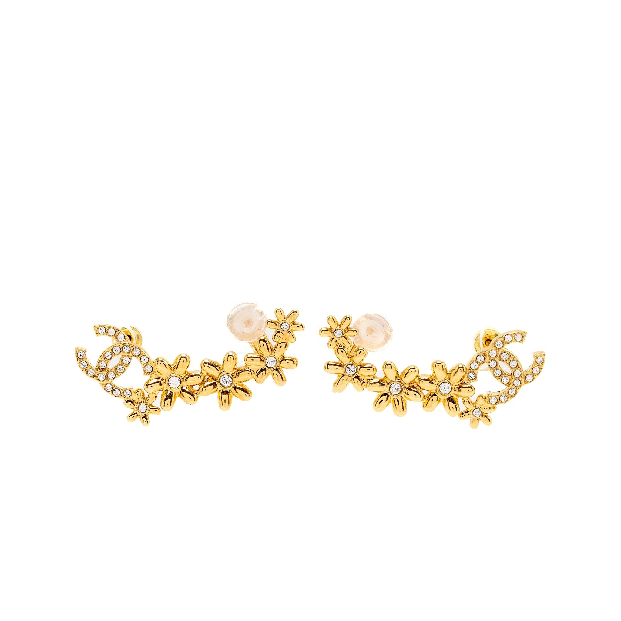 CHANEL CRYSTAL CC LOGO/CAMELLIA EARRINGS GOLD TONE