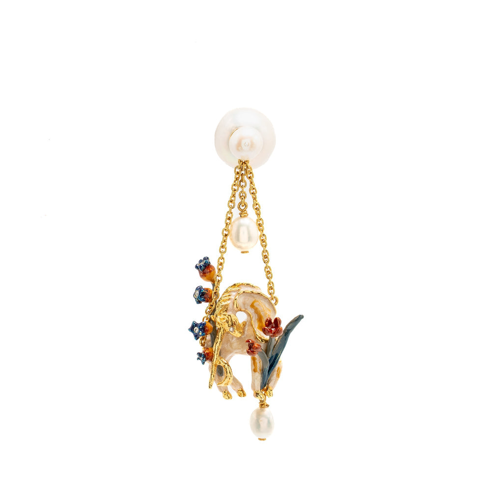 DIOR UNICORN AND FLOWERS DROP PEARL SINGLE EARRING GOLD TONE