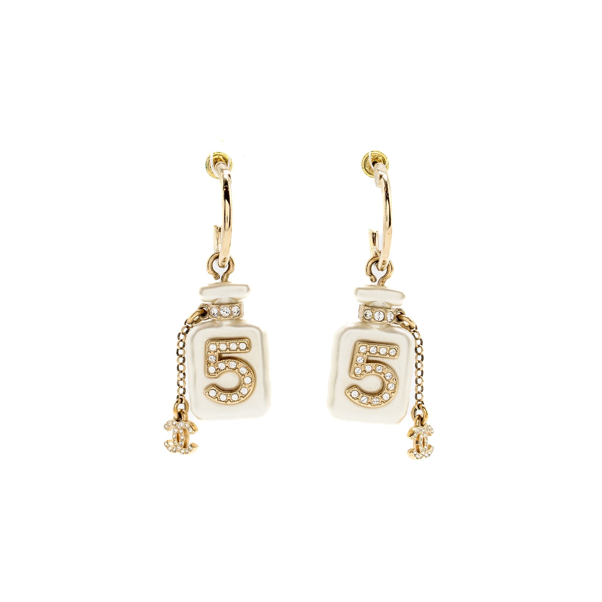 CHANEL NO.5 PERFUME BOTTLE CC LOGO DROPPED CRYSTAL EARRINGS LIGHT GOLD TONE
