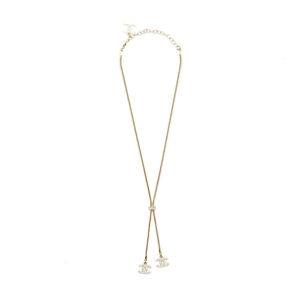 CHANEL CC LOGO DROPPED NECKLACE CRYSTAL LIGHT GOLD TONE