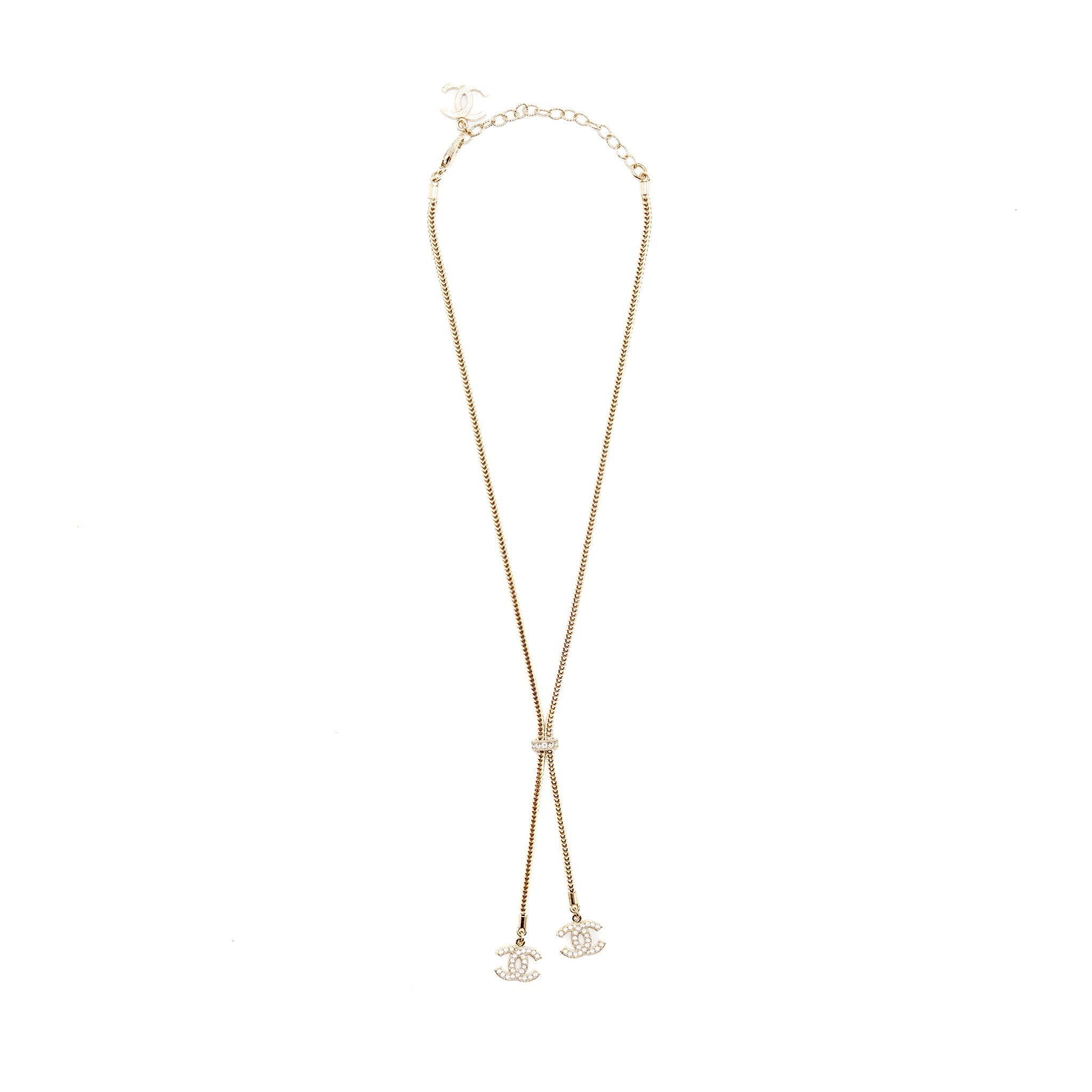 CHANEL CC LOGO DROPPED NECKLACE CRYSTAL LIGHT GOLD TONE