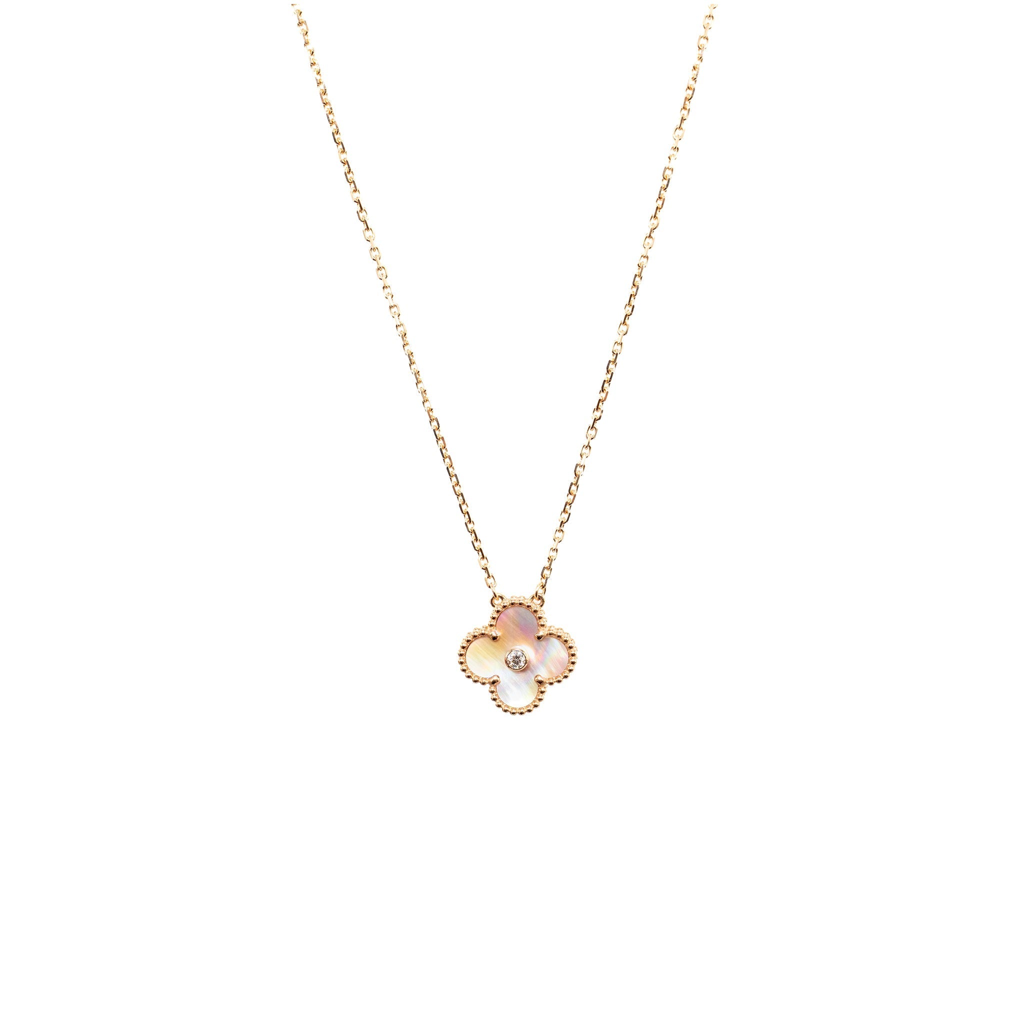 VAN CLEEF & ARPELS 2025 HOLIDAY VINTAGE ALHAMBRA PENDANT, ROSE GOLD, PINK MOTHER OF PEARL, DIAMOND