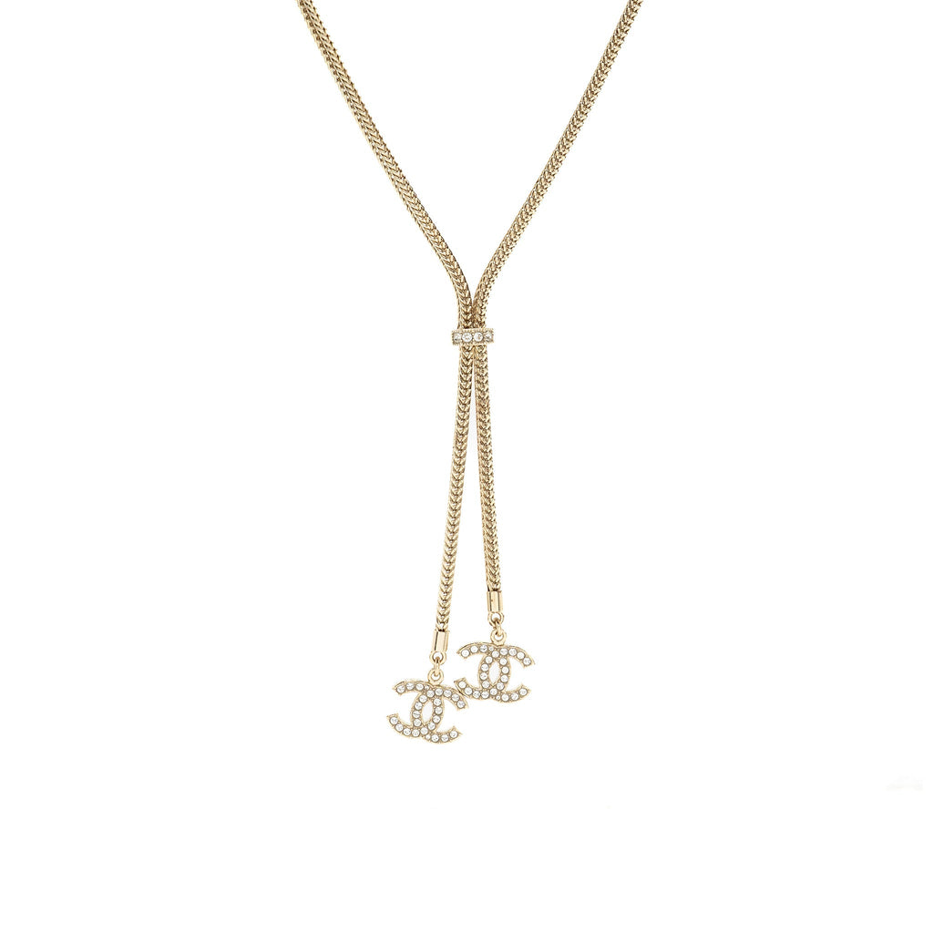 CHANEL CC LOGO DROPPED NECKLACE CRYSTAL LIGHT GOLD TONE