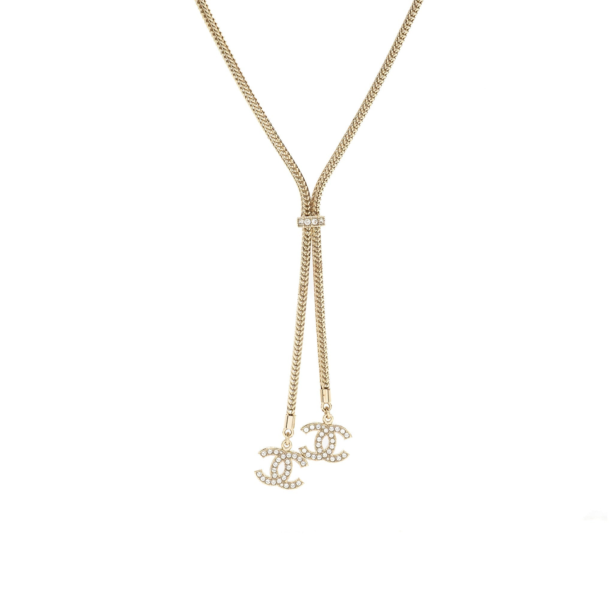 CHANEL CC LOGO DROPPED NECKLACE CRYSTAL LIGHT GOLD TONE