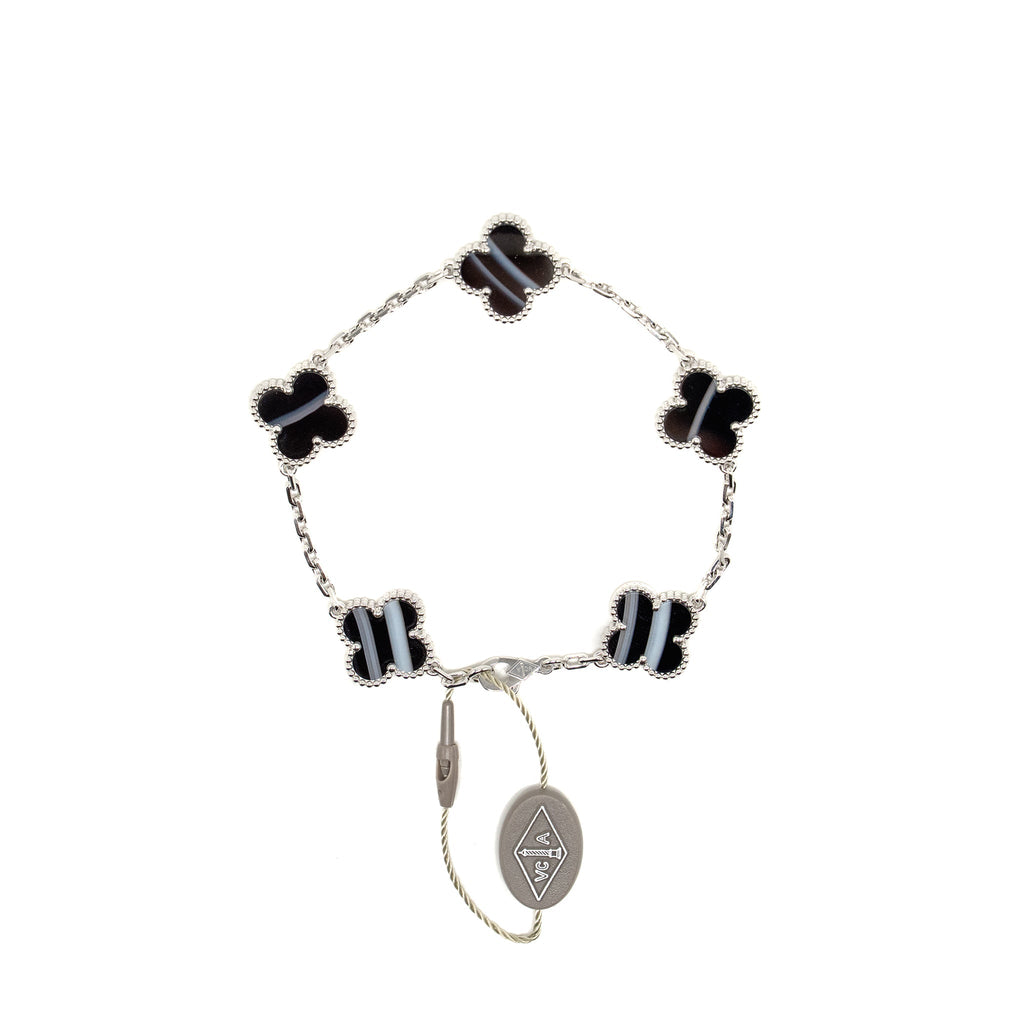 VAN CLEEF & ARPELS VINTAGE ALHAMBRA BRACELET 5 MOTIFS VEINED ONYX WHITE GOLD