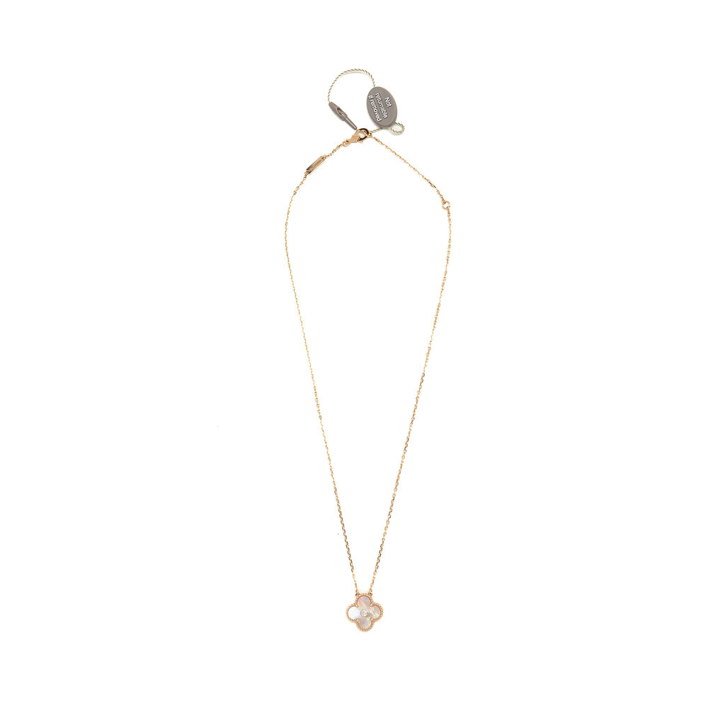 VAN CLEEF & ARPELS 2025 HOLIDAY VINTAGE ALHAMBRA PENDANT, ROSE GOLD, PINK MOTHER OF PEARL, DIAMOND