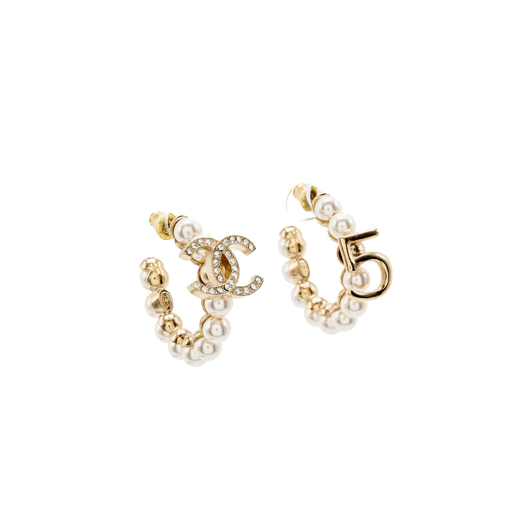 CHANEL CC AND NO 5 HOOP EARRINGS PEARL/CRYSTAL LIGHT GOLD TONE