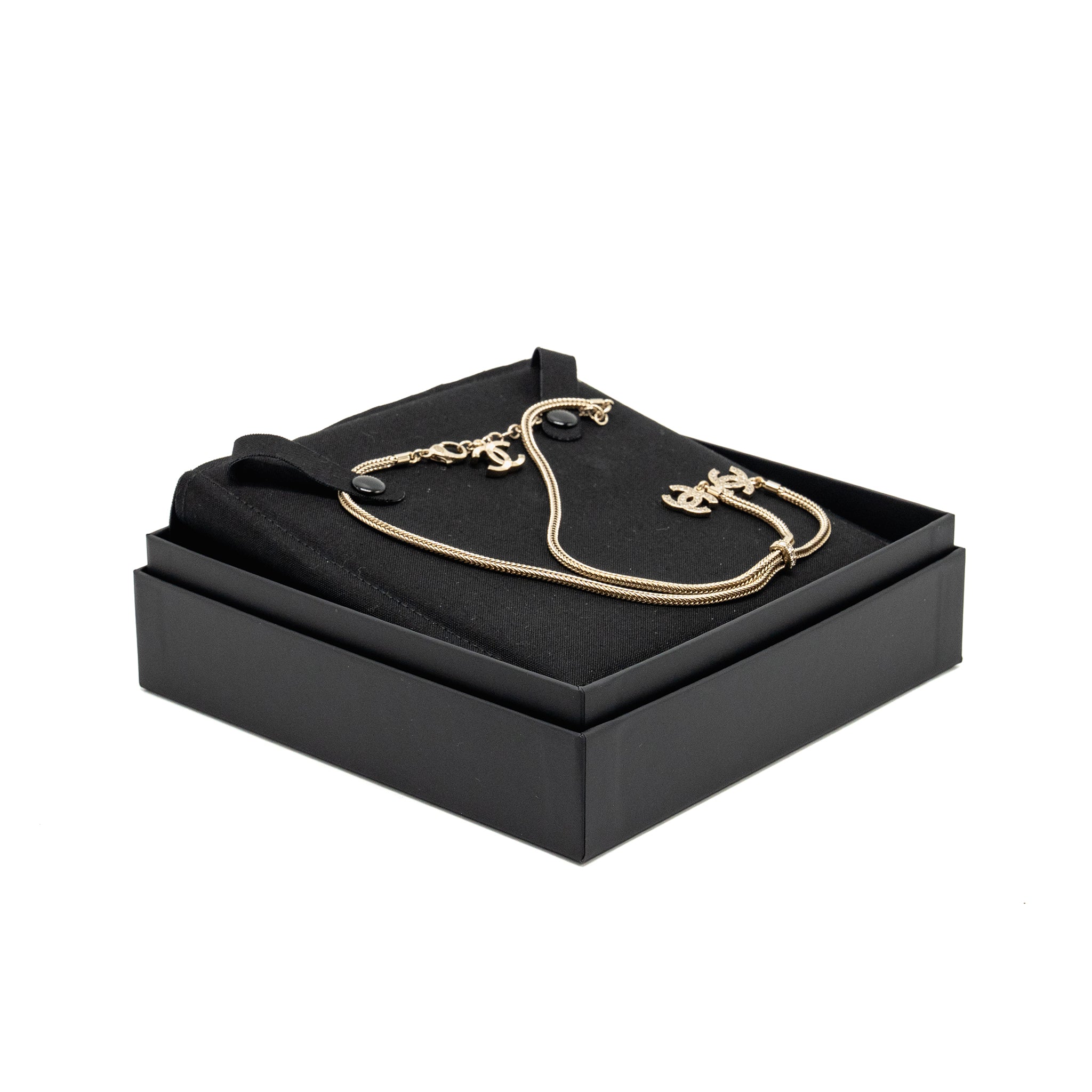 CHANEL CC LOGO DROPPED NECKLACE CRYSTAL LIGHT GOLD TONE
