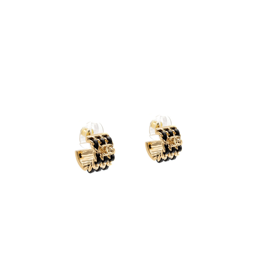 CHANEL 26P MINI HOOP EARRINGS LEATHER CHAIN/CC LOGO GOLD TONE