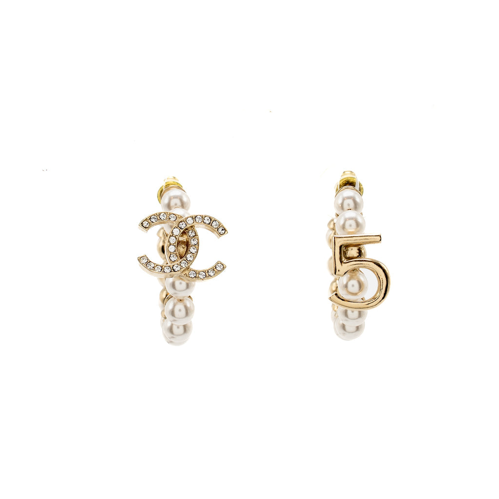 CHANEL CC AND NO 5 HOOP EARRINGS PEARL/CRYSTAL LIGHT GOLD TONE