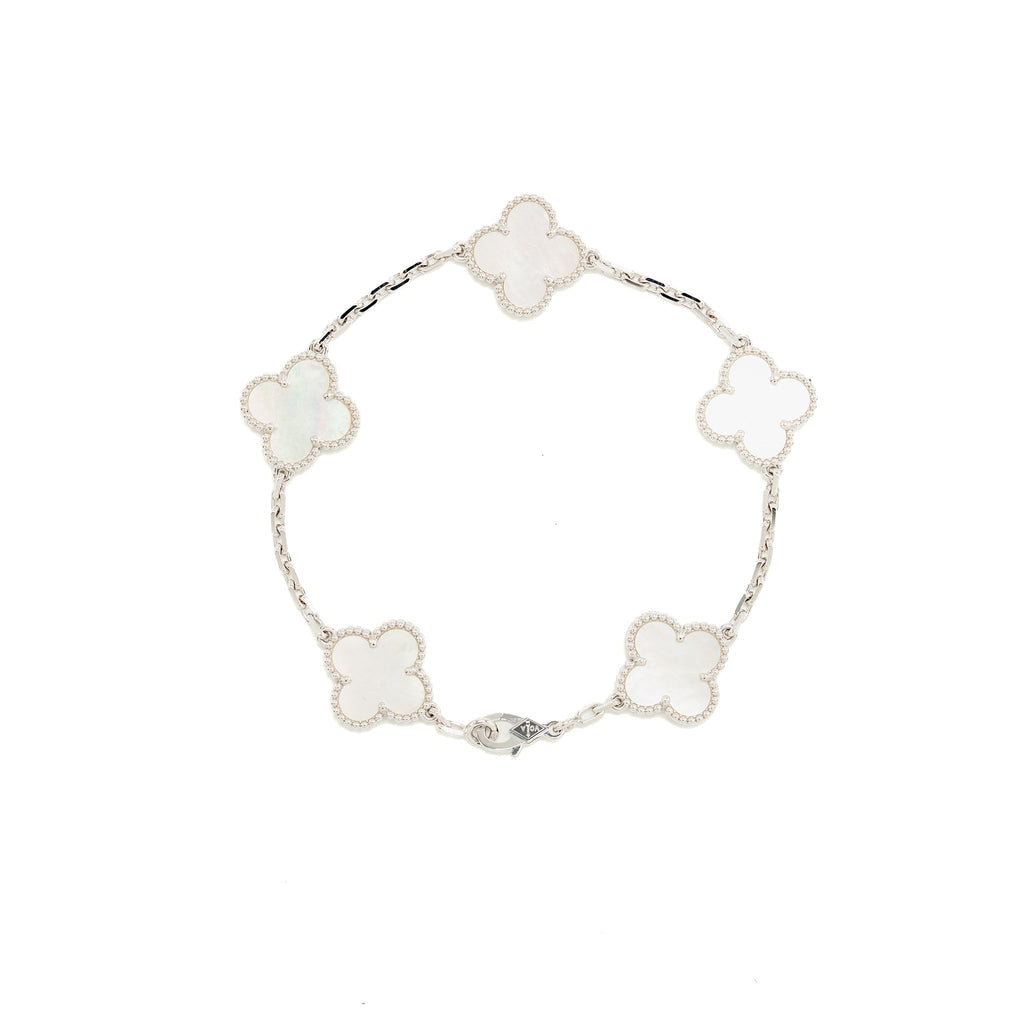 VAN CLEEF & ARPELS VINTAGE ALHAMBRA BRACELET, 5 MOTIFS WHITE GOLD / MOTHER OF PEARL