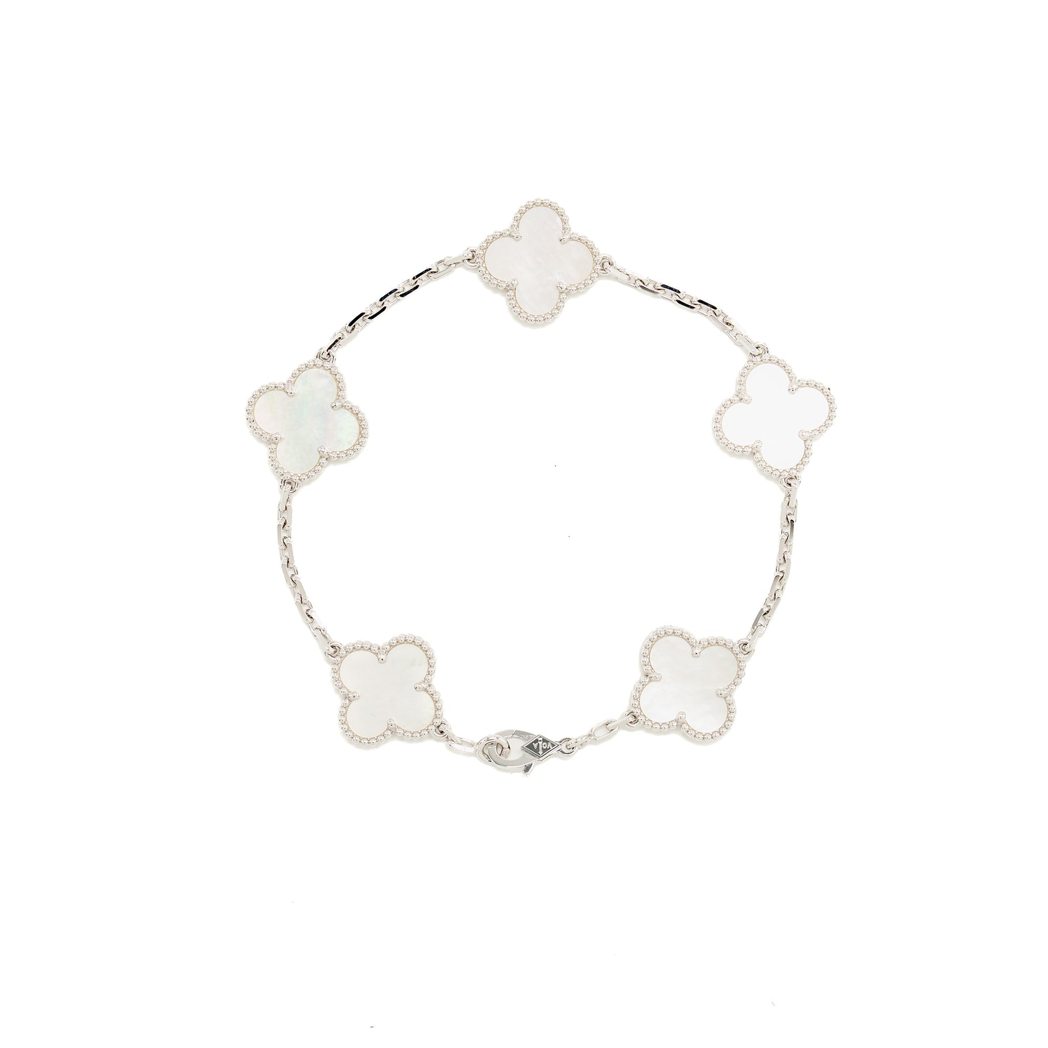 VAN CLEEF & ARPELS VINTAGE ALHAMBRA BRACELET, 5 MOTIFS WHITE GOLD / MOTHER OF PEARL