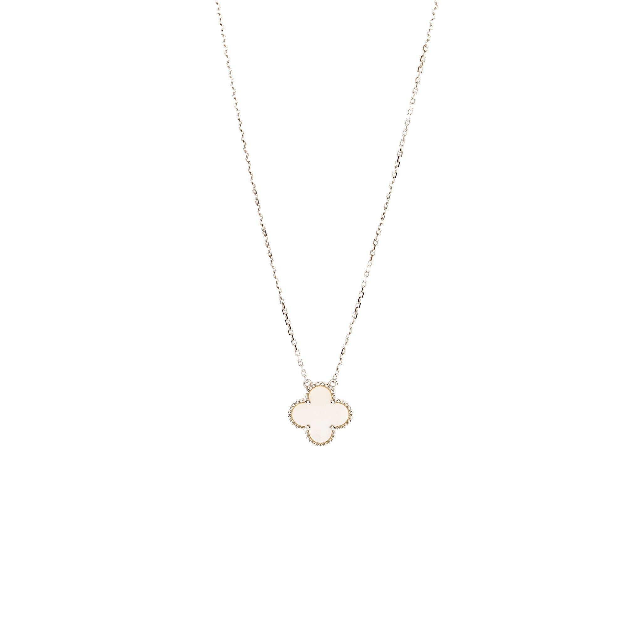 VAN CLEEF & ARPELS VINTAGE ALHAMBRA PENDANT, WHITE GOLD, WHITE MOTHER-OF-PEARL