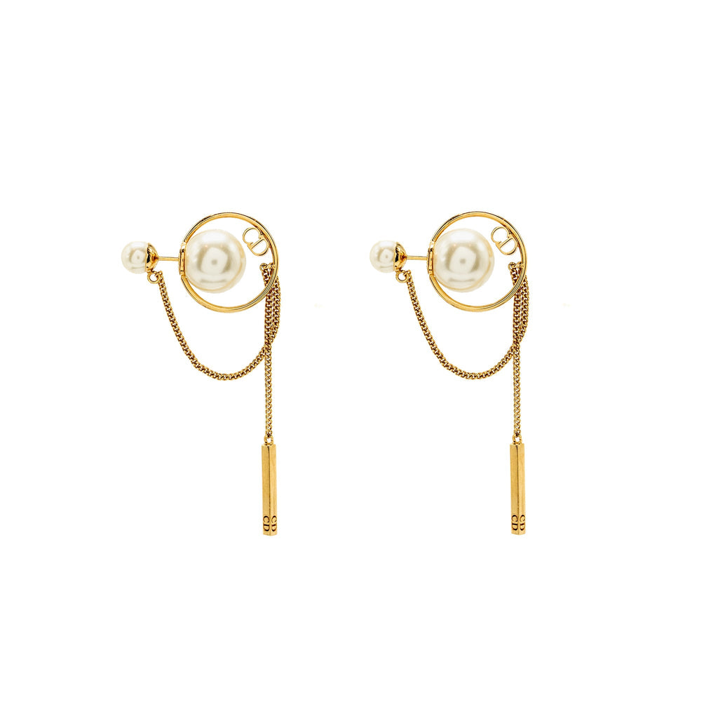 DIOR TRIBALES DANGLE CHAIN EARRINGS PEARL GOLD TONE