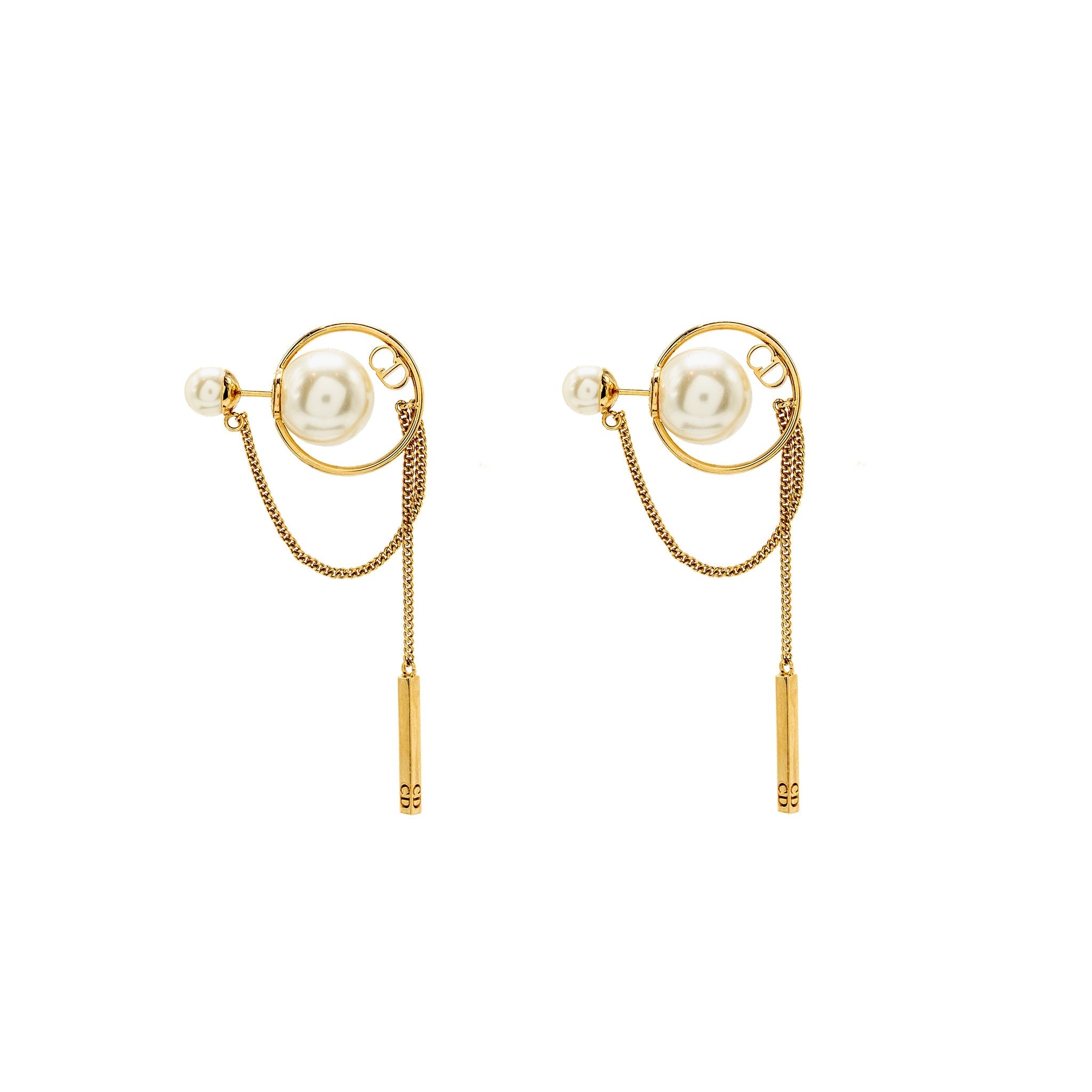 DIOR TRIBALES DANGLE CHAIN EARRINGS PEARL GOLD TONE