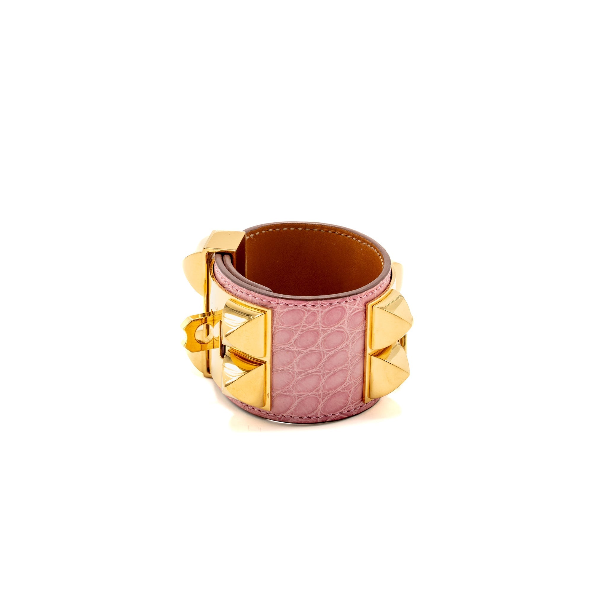 HERMES SIZE T2 COLLIER DE CHIEN BRACELET ALLIGATOR MISSISSIPPIENSIS PINK GHW STAMP C