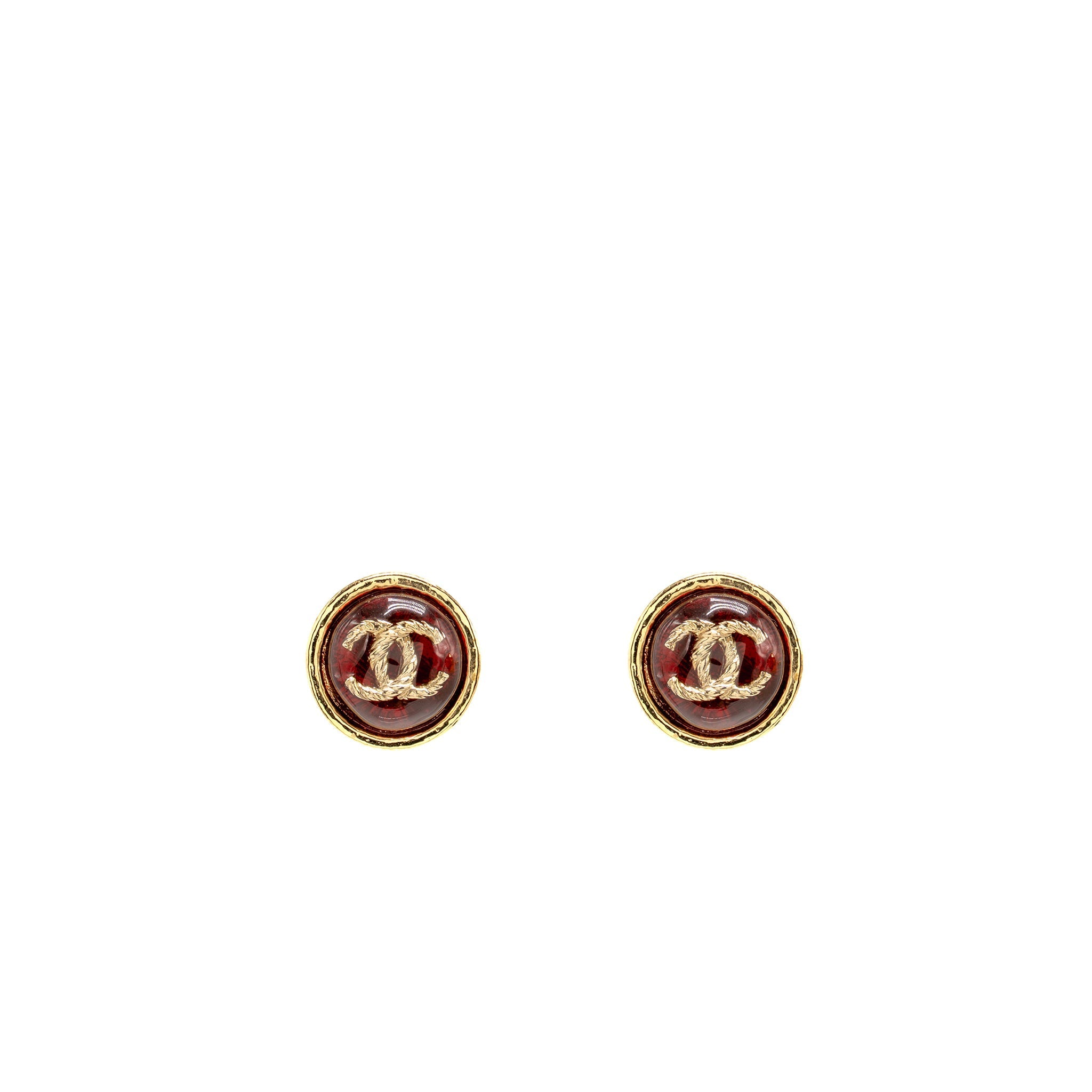 CHANEL ROUND CC LOGO EARRINGS RED GOLD TONE