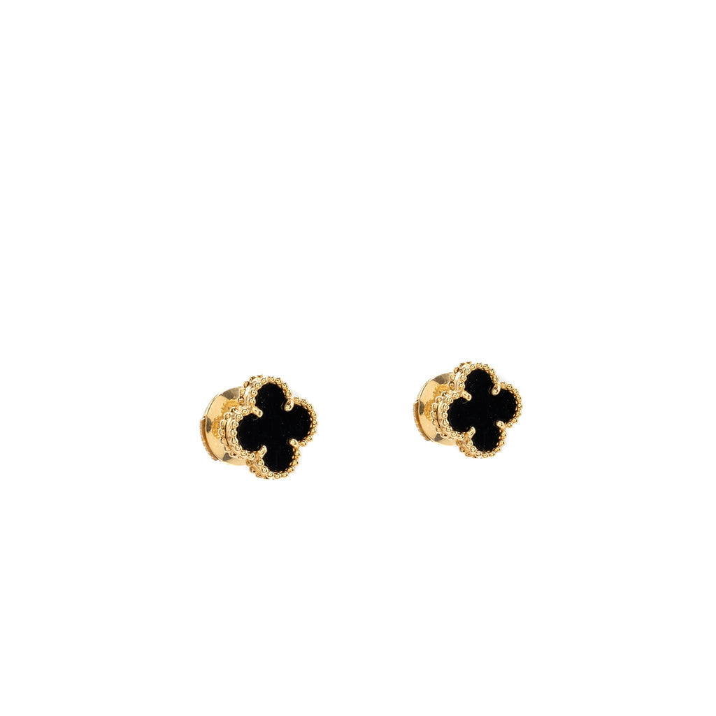 VAN CLEEF & ARPELS SWEET ALHAMBRA EARSTUDS EARRINGS, ONYX YELLOW GOLD