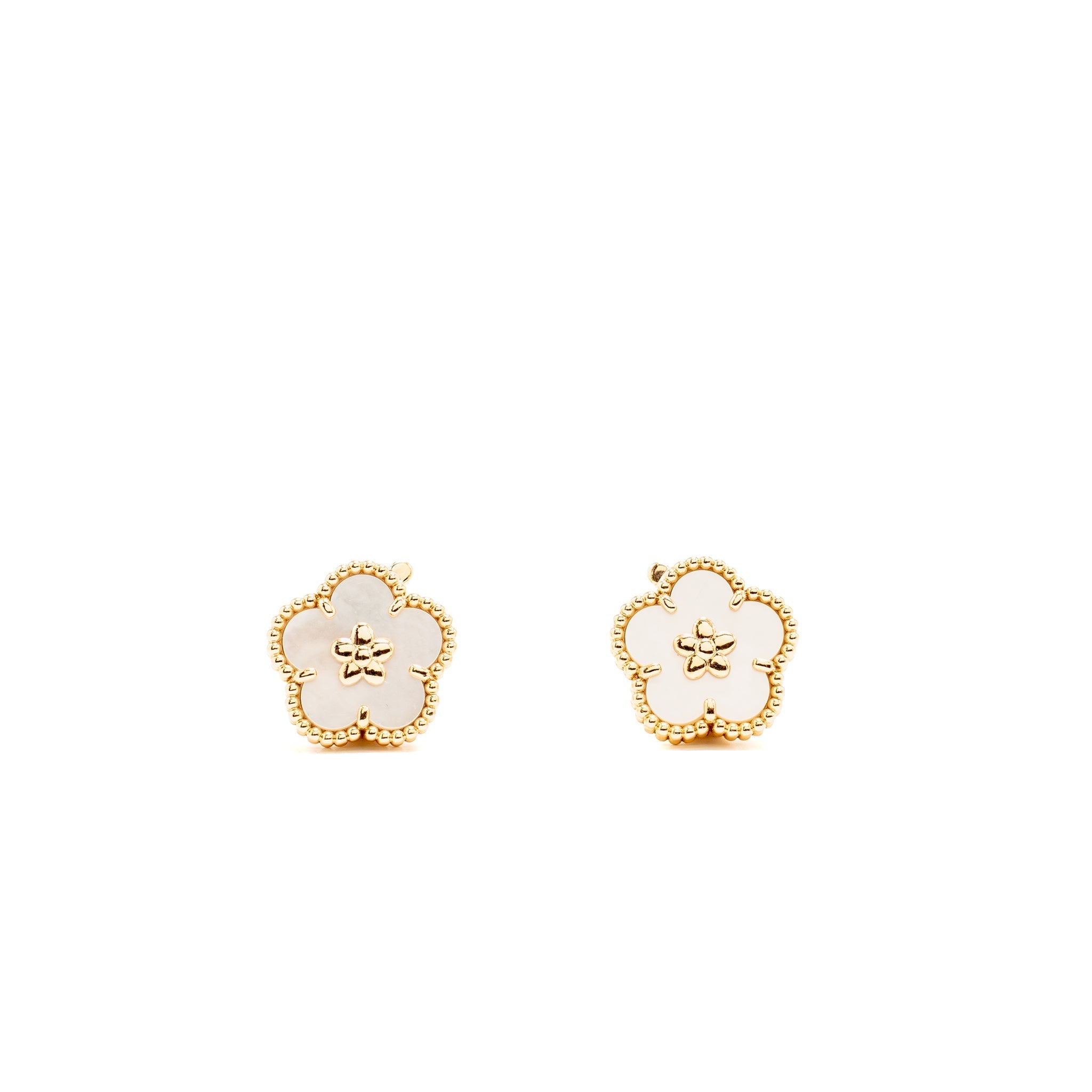 VAN CLEEF & ARPELS LUCKY SPRING EARRINGS, PLUM BLOSSOM, ROSE GOLD, WHITE MOTHER-OF-PEARL