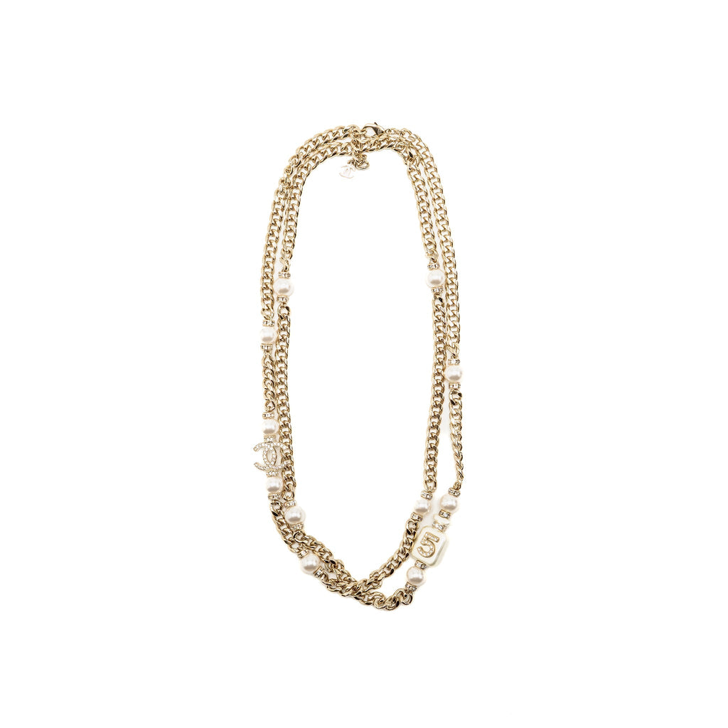 CHANEL NO.5 PERFUME BOTTLE WAIST CHAIN / BELT PEARL/CRYSTAL LIGHT GOLD TONE