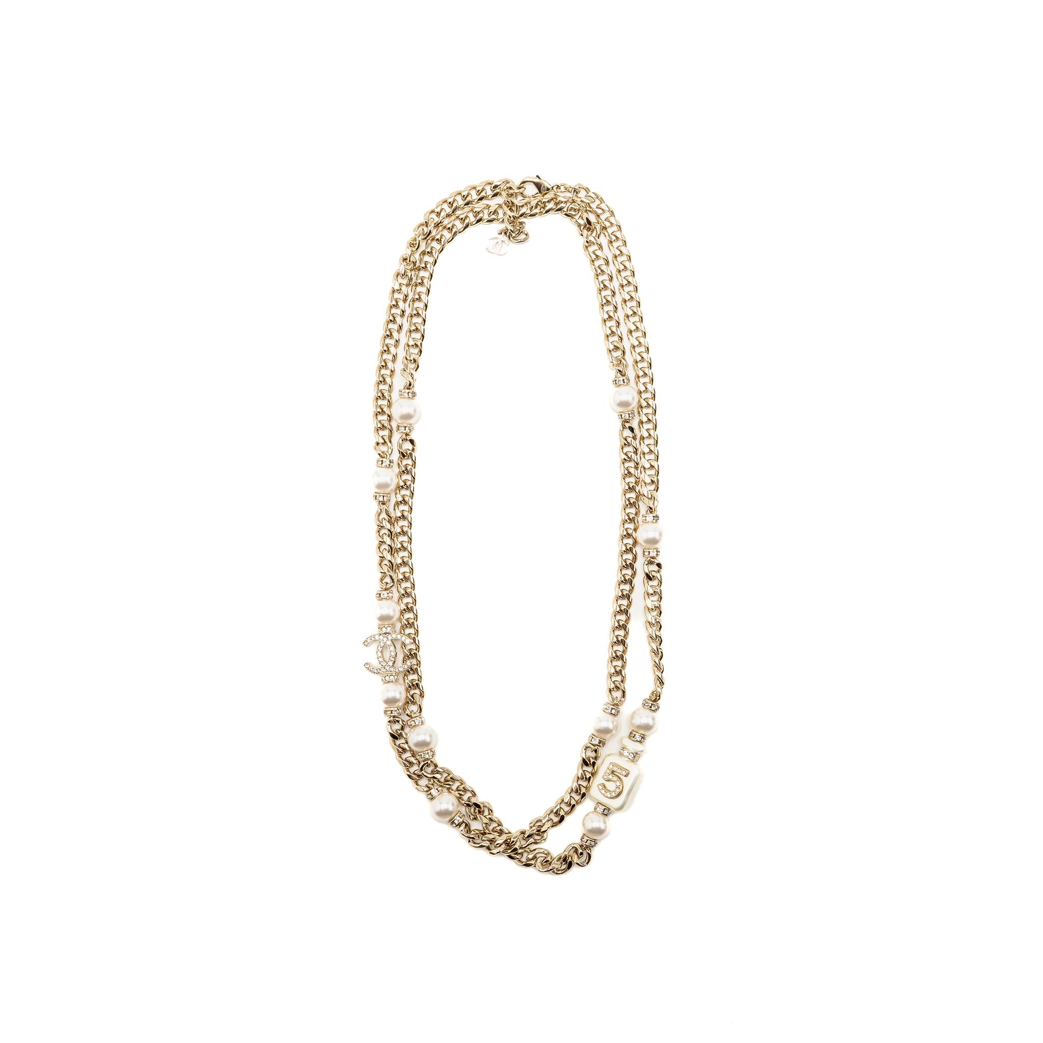 CHANEL NO.5 PERFUME BOTTLE WAIST CHAIN / BELT PEARL/CRYSTAL LIGHT GOLD TONE