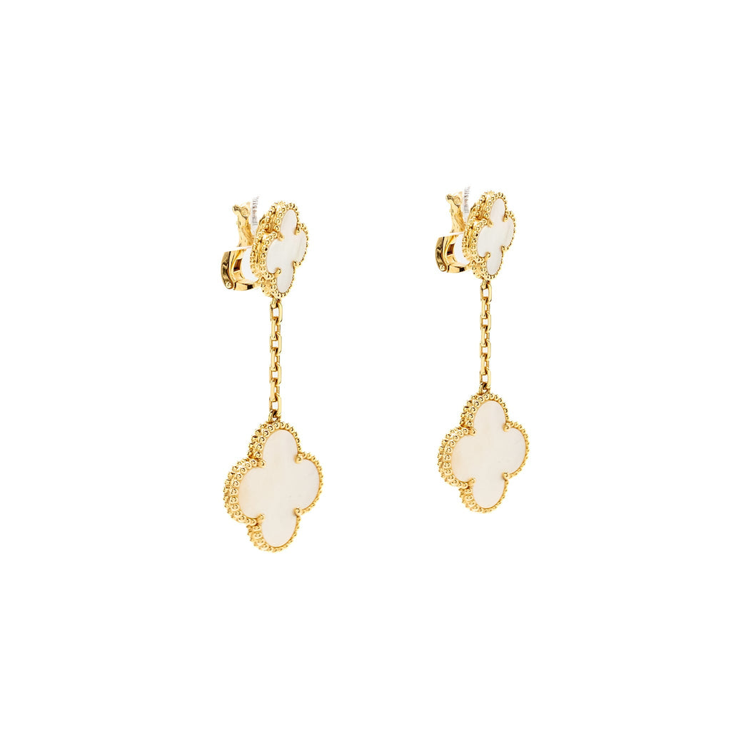 VAN CLEEF & ARPELS MAGIC ALHAMBRA 2-MOTIF EARRINGS, YELLOW GOLD, WHITE MOTHER-OF-PEARL