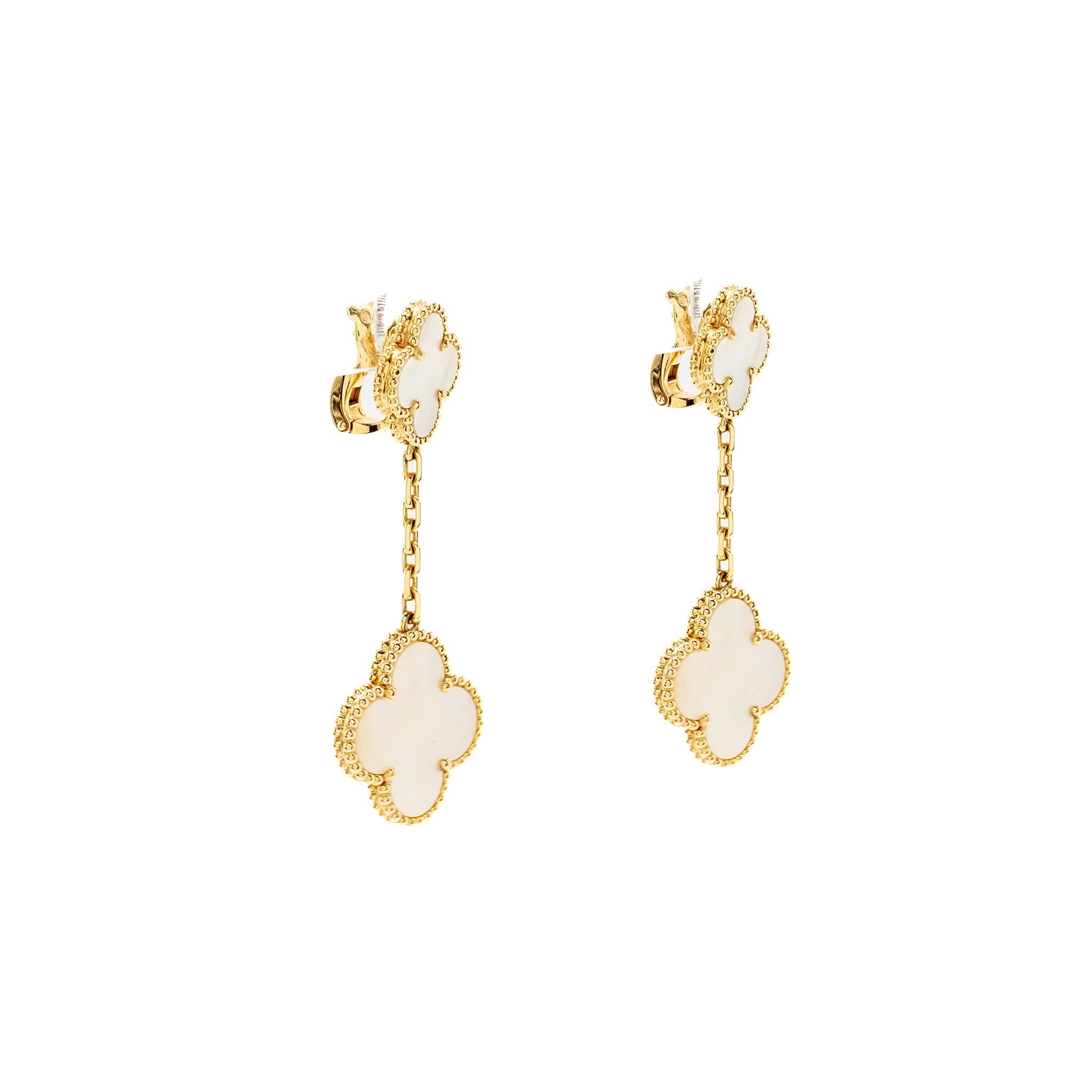 VAN CLEEF & ARPELS MAGIC ALHAMBRA 2-MOTIF EARRINGS, YELLOW GOLD, WHITE MOTHER-OF-PEARL